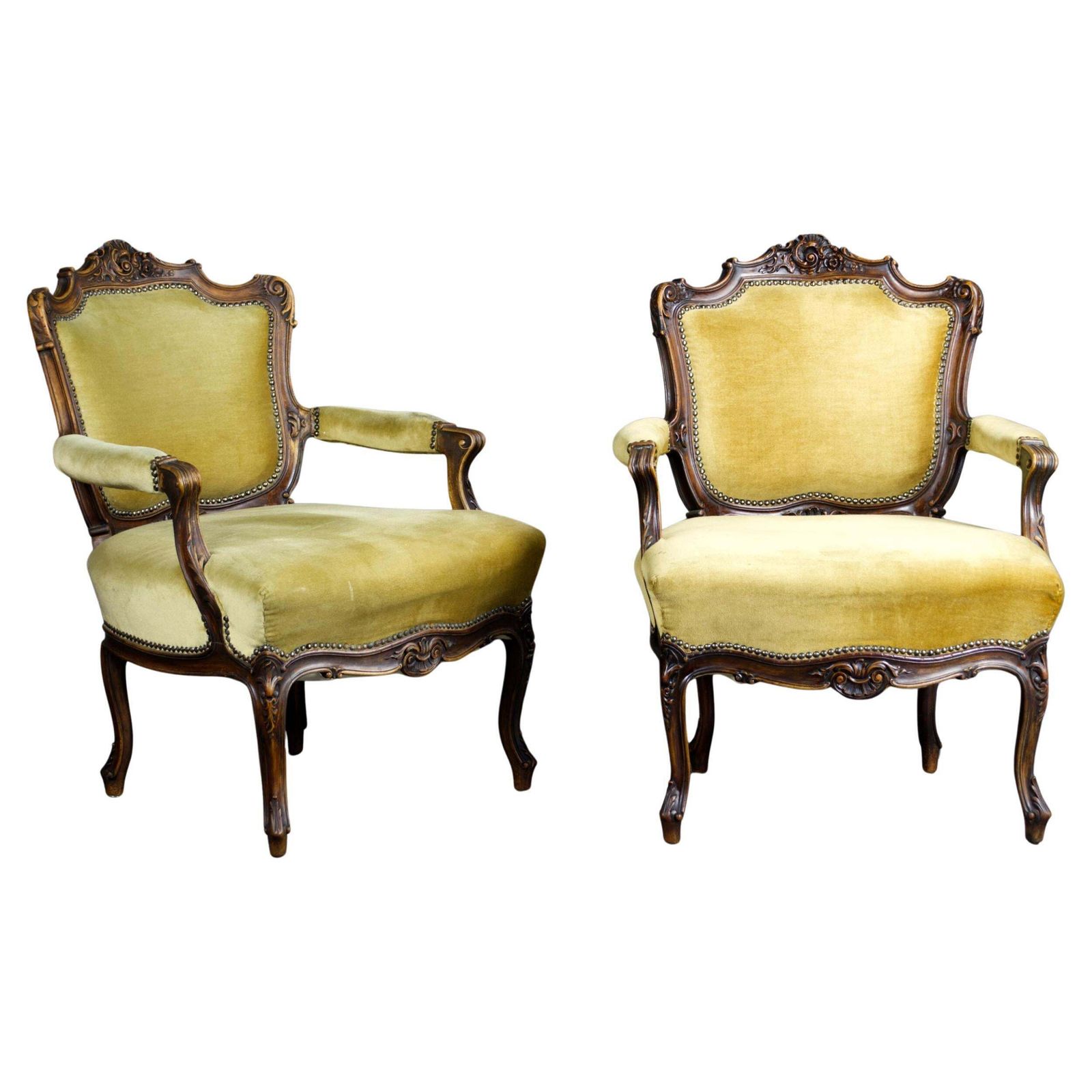 Pair Of French Louis XV Walnut Armchairs, 19th Century