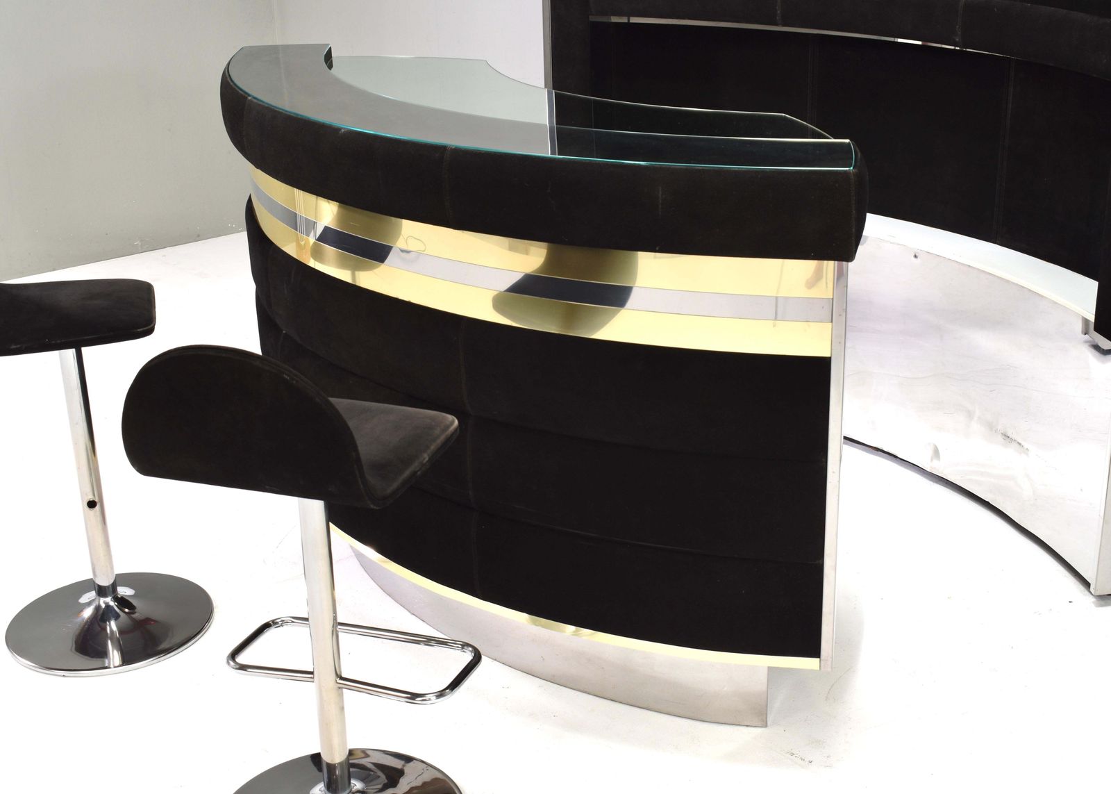 Furniture Hollywood Regency Bar In The Style Of Willy Rizzo Black Suede Brass Chrome 1970s photo