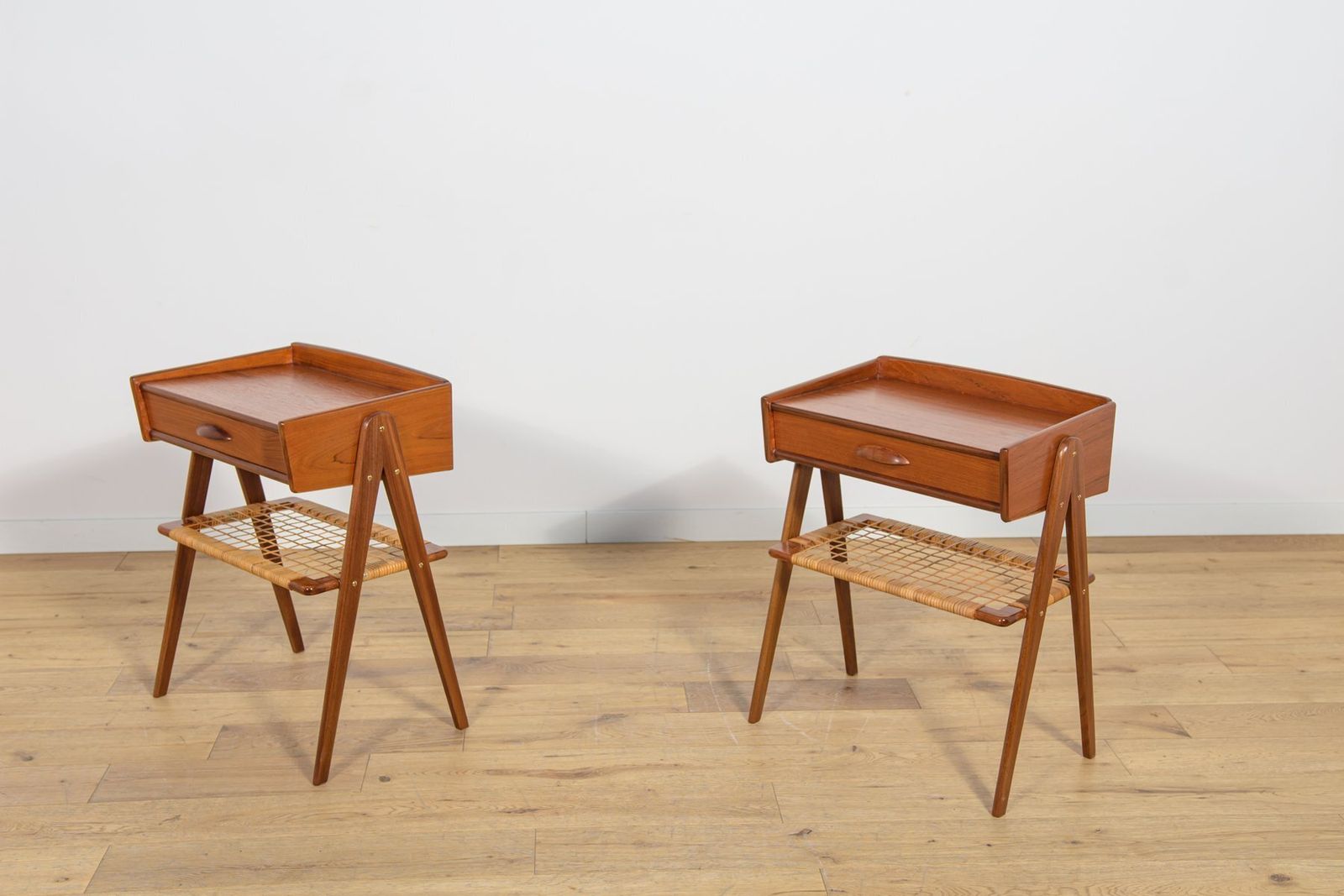 Mid Century Modern Teak And Rattan Nightstands By Søren Rasmussen, 1960s, Set Of 2 photo for sale