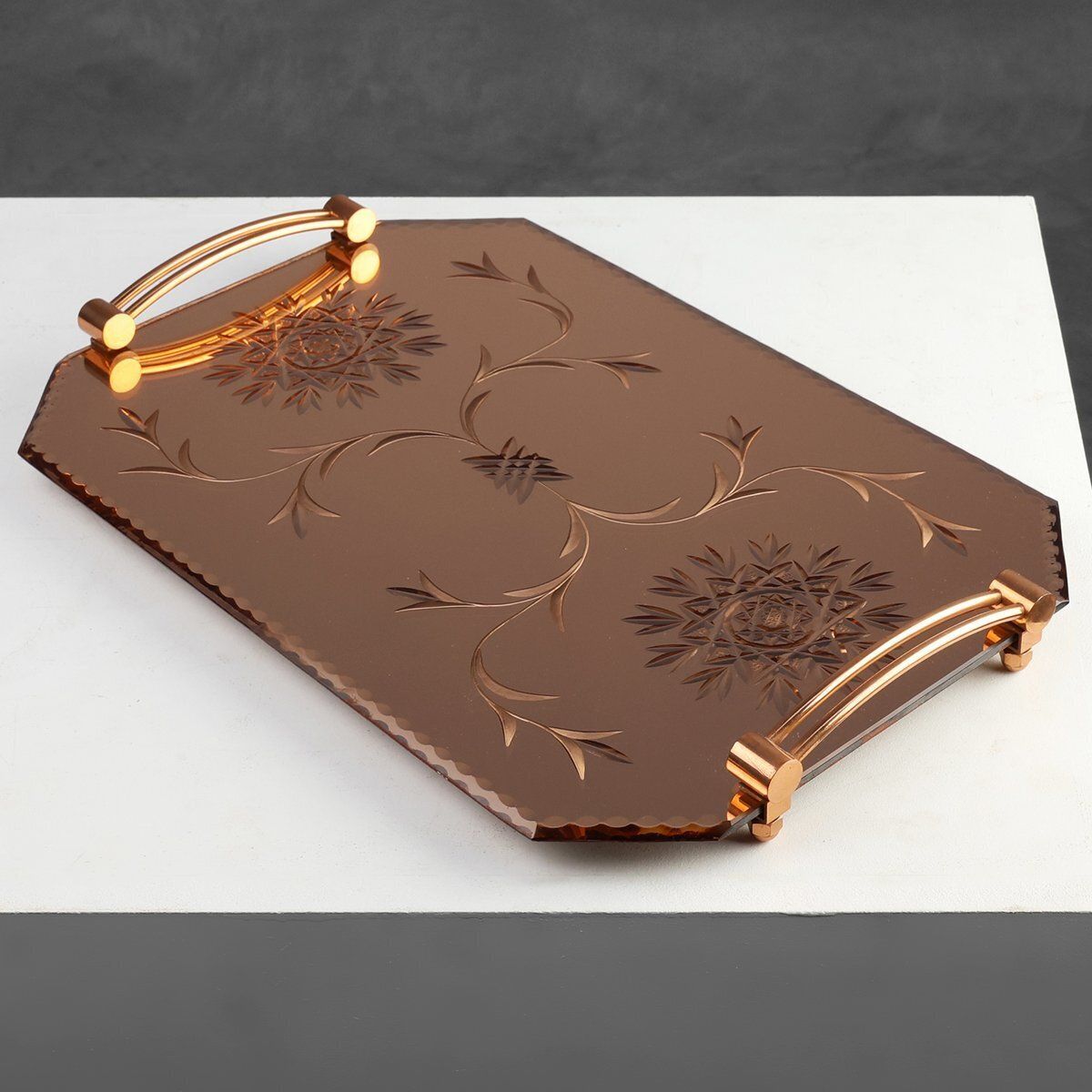 Art Deco Mirrored Glass And Copper Tray, Belgium, 1920s