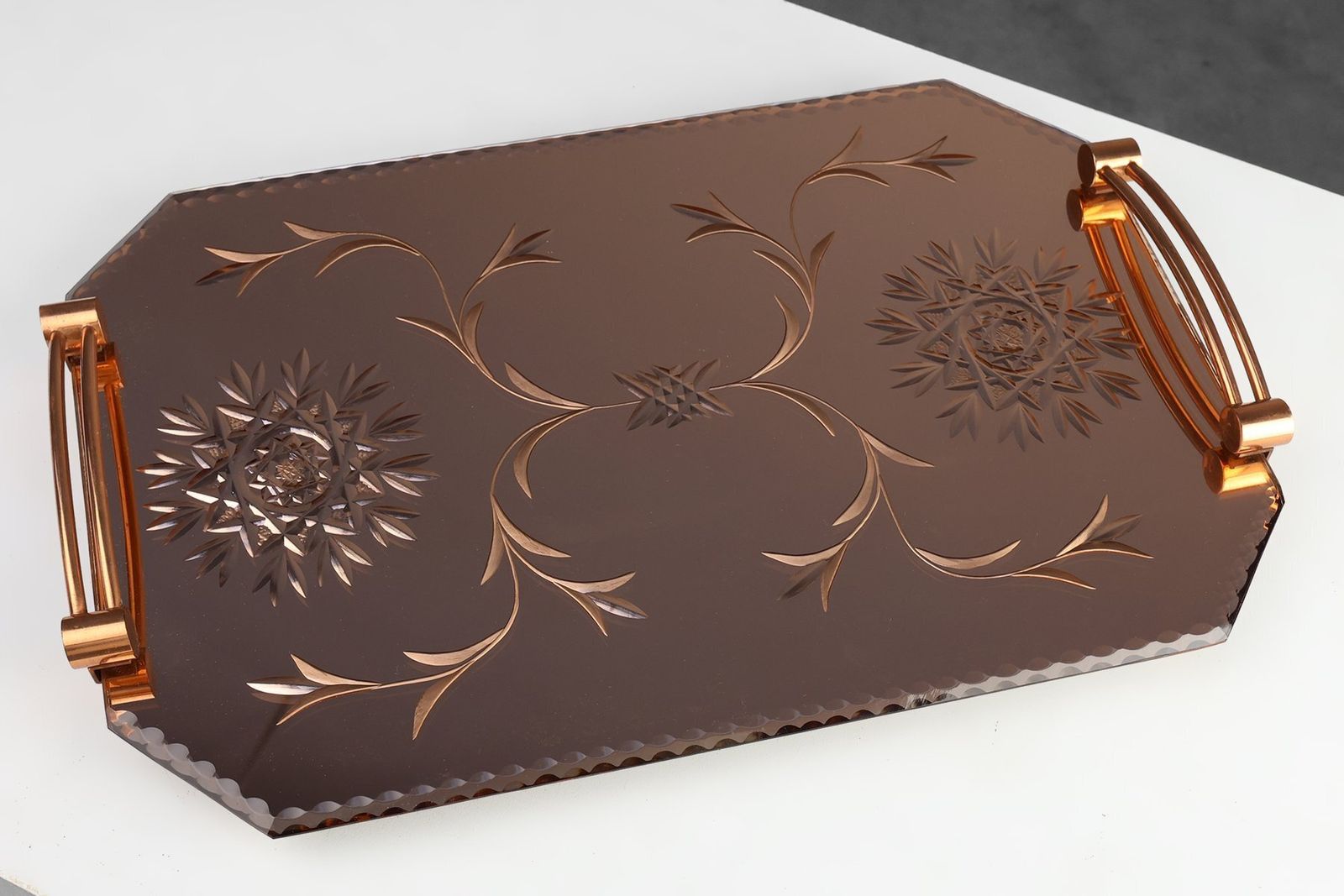Art Deco Mirrored Glass And Copper Tray, Belgium, 1920s photo vintage