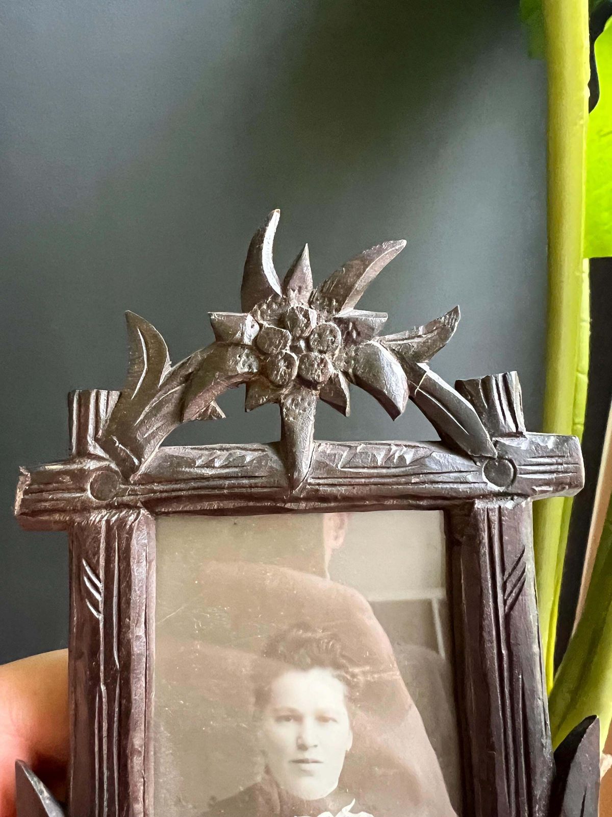 Tramp Art Picture Frame: Hand Carved Folk Art Wood, Swiss 1900s photo vintage