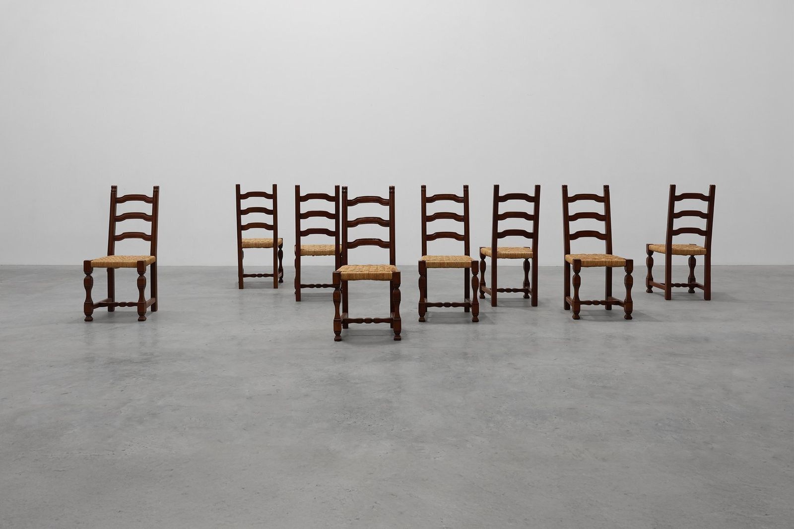 Mid Century Brutalist Chairs In Wood And Wicker, Belgium, 1970s, Set Of 8 photo furniture