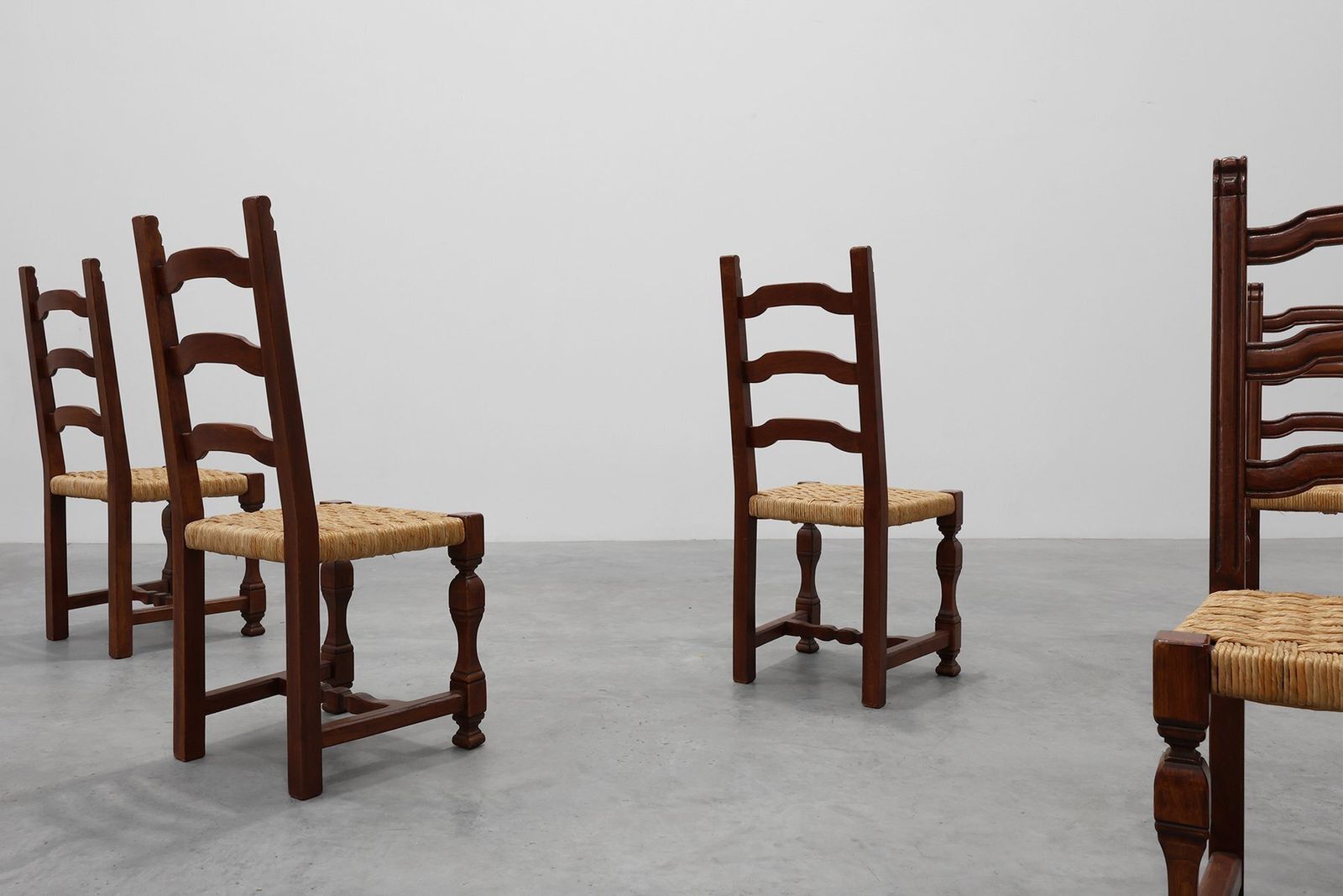 Mid Century Brutalist Chairs In Wood And Wicker, Belgium, 1970s, Set Of 8 photo buy