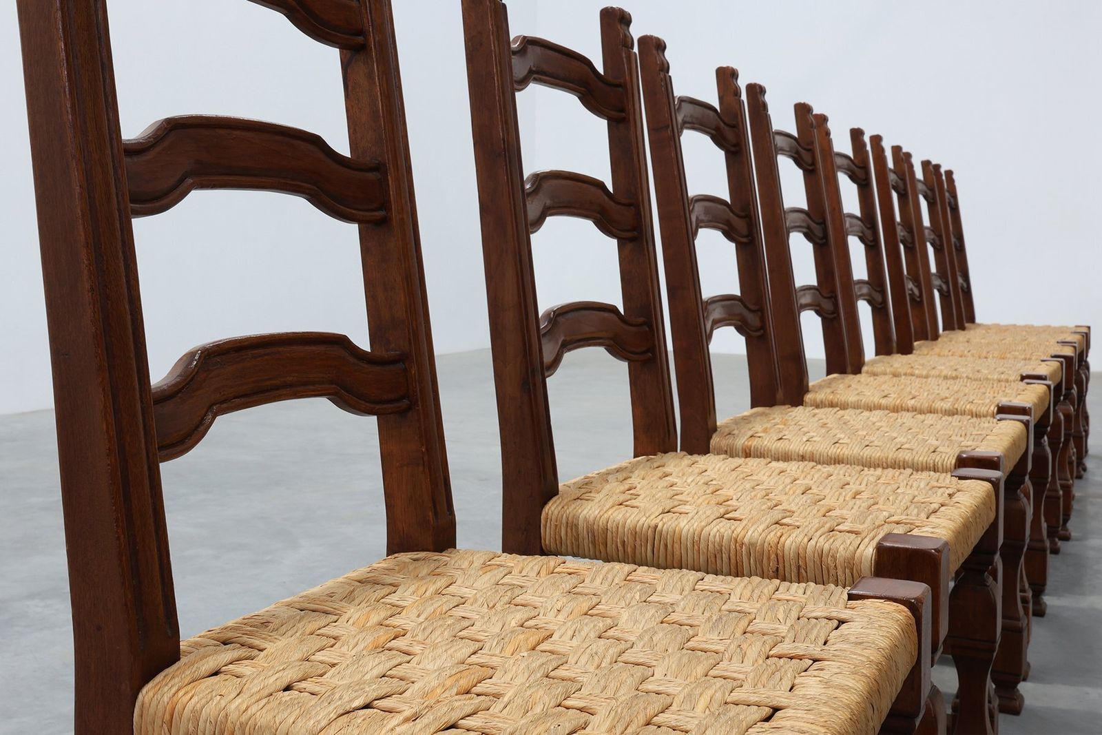 photo furniture Mid Century Brutalist Chairs In Wood And Wicker, Belgium, 1970s, Set Of 8