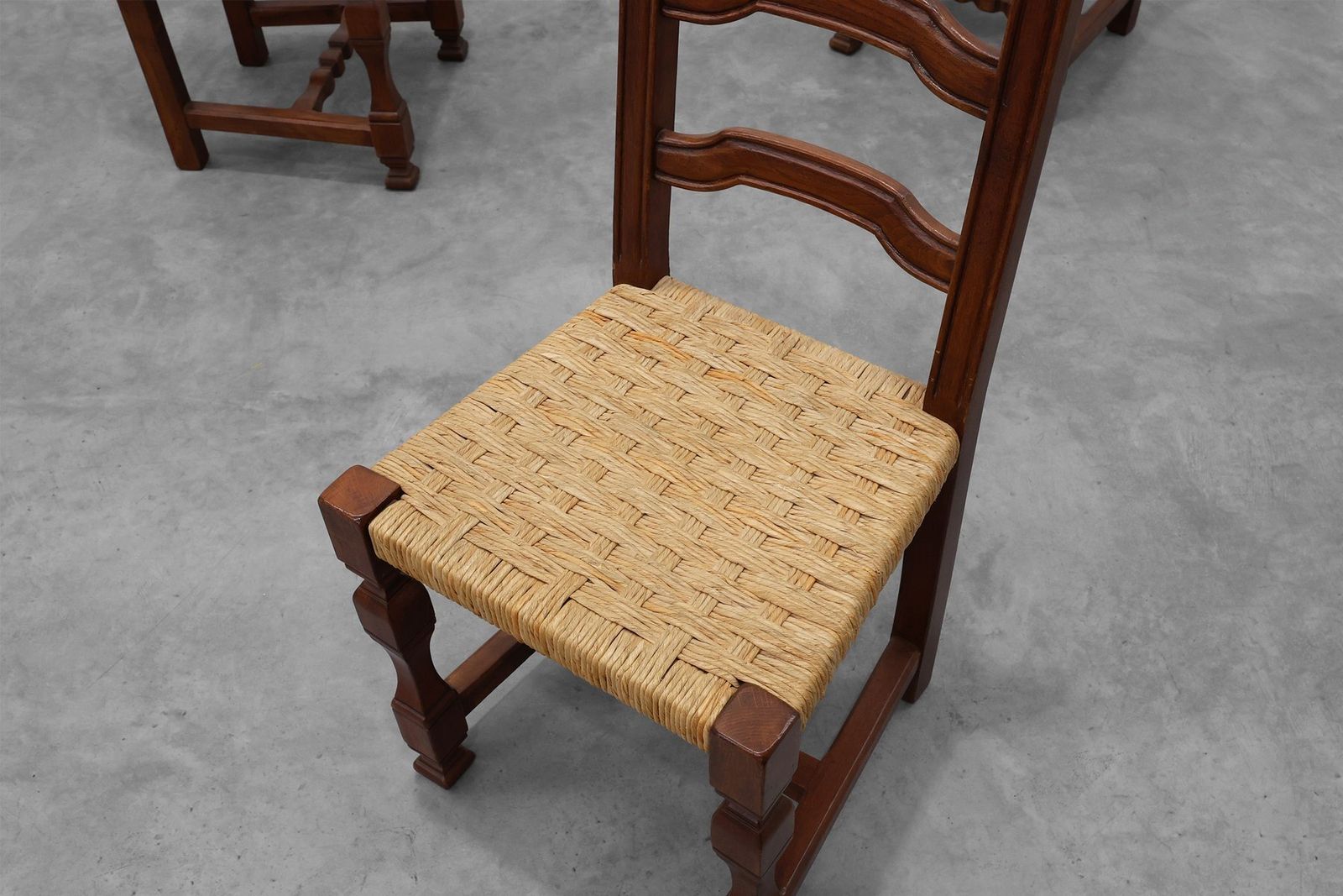 8327.0 Mid Century Brutalist Chairs In Wood And Wicker, Belgium, 1970s, Set Of 8 photo