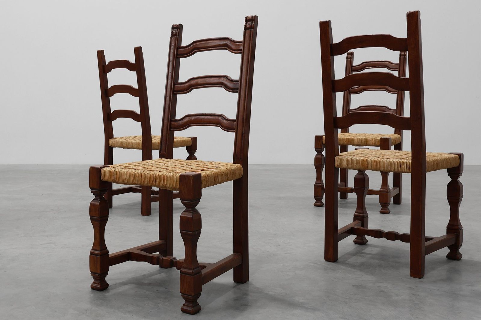 photo buy Mid Century Brutalist Chairs In Wood And Wicker, Belgium, 1970s, Set Of 8