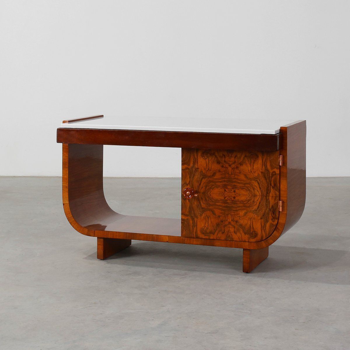 Vintage Art Deco Belgian Cabinet In Burl Veneer With Marble And Glass, 1930