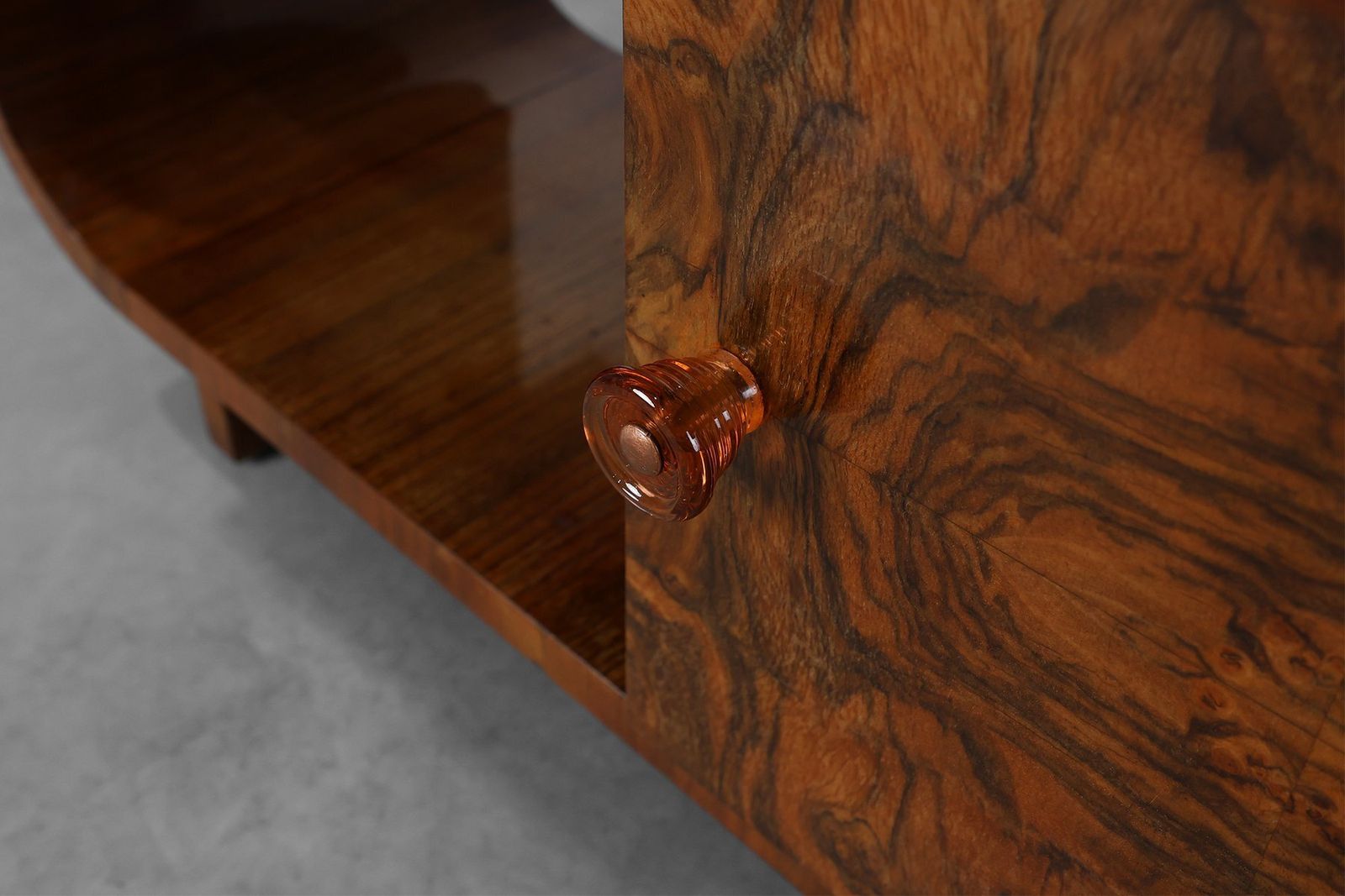 Furniture Vintage Art Deco Belgian Cabinet In Burl Veneer With Marble And Glass, 1930 photo