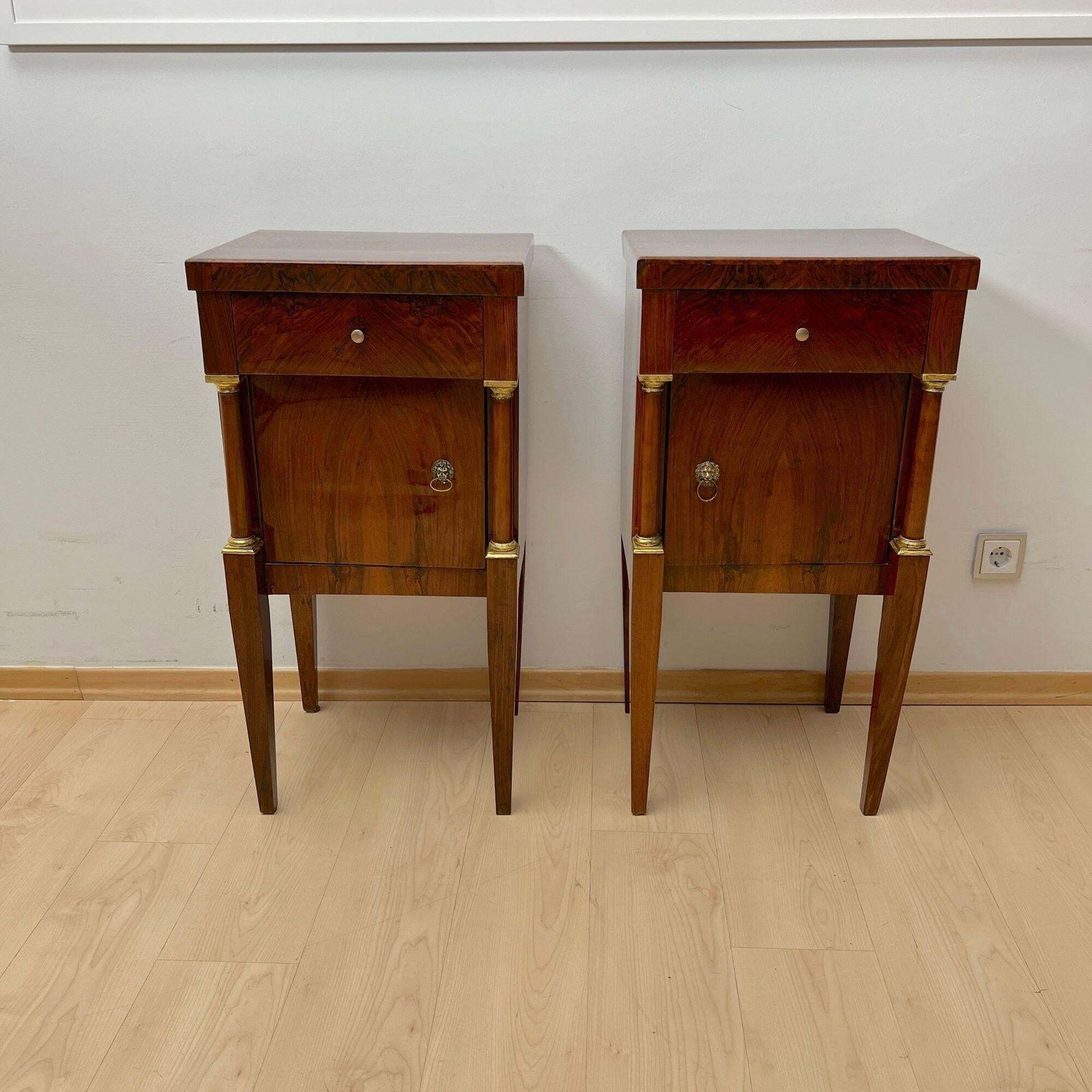 Empire Nightstands, Walnut, Full Columns, Gold Leaf, Brass, Italy, Circa 1810 photo furniture