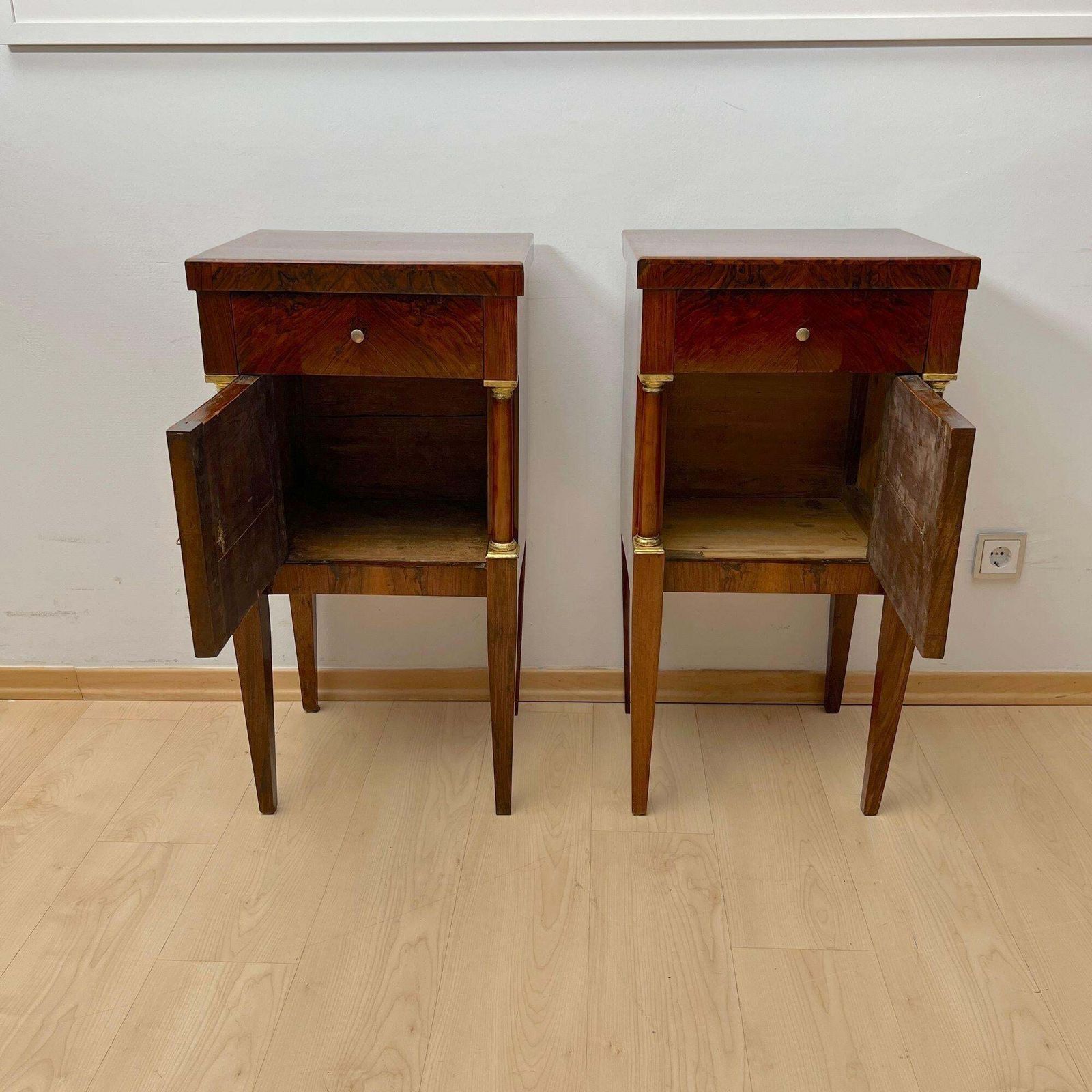Empire Nightstands, Walnut, Full Columns, Gold Leaf, Brass, Italy, Circa 1810 photo for sale