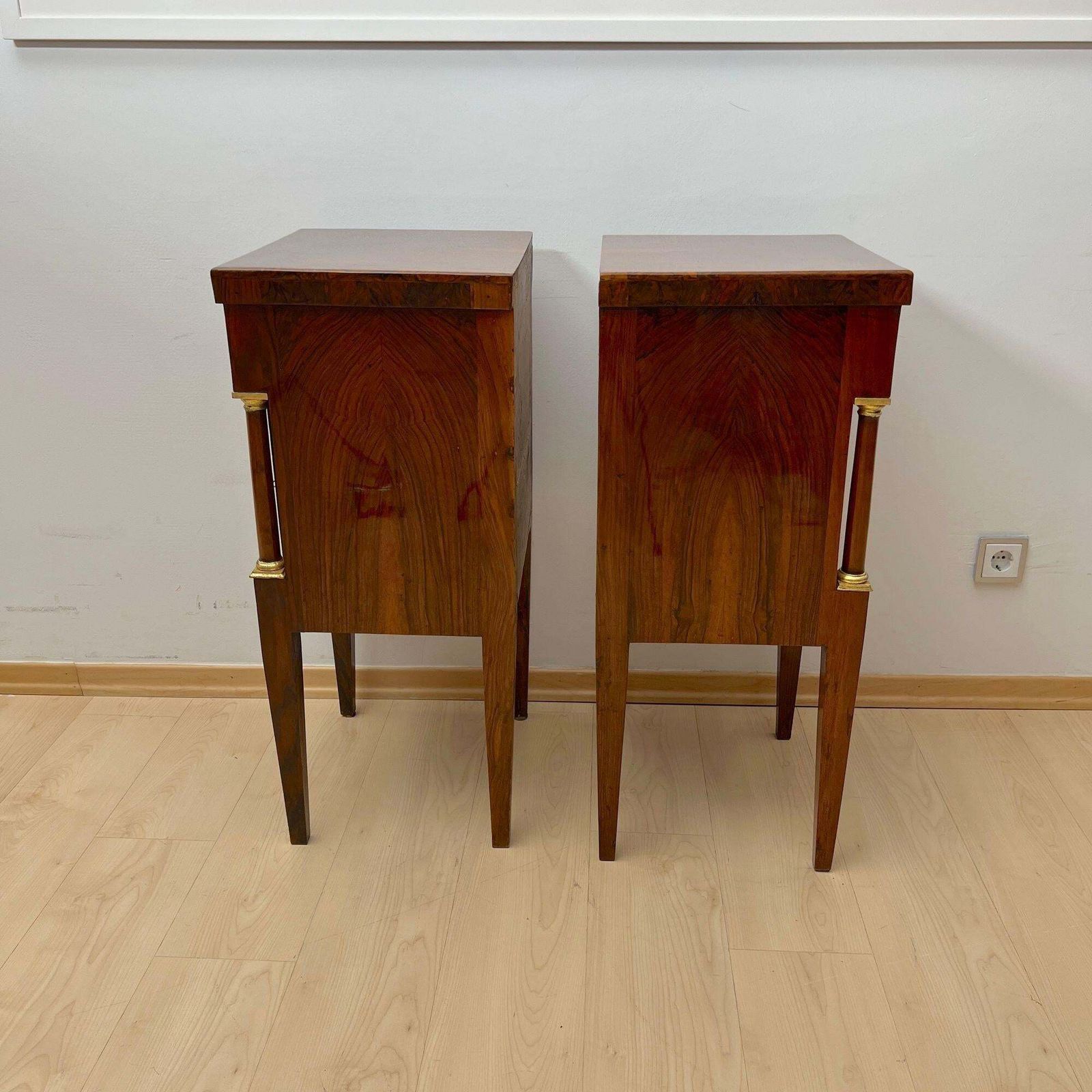 Empire Nightstands, Walnut, Full Columns, Gold Leaf, Brass, Italy, Circa 1810 photo vinterior