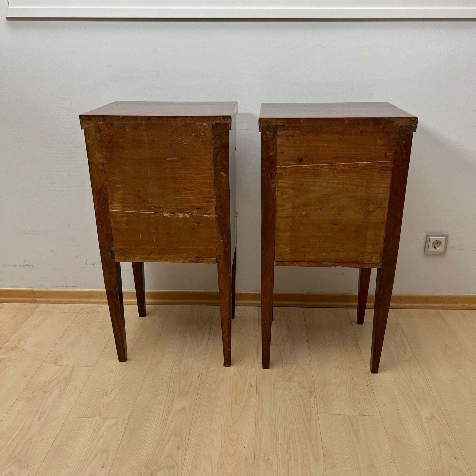 Empire Nightstands, Walnut, Full Columns, Gold Leaf, Brass, Italy, Circa 1810 photo buy