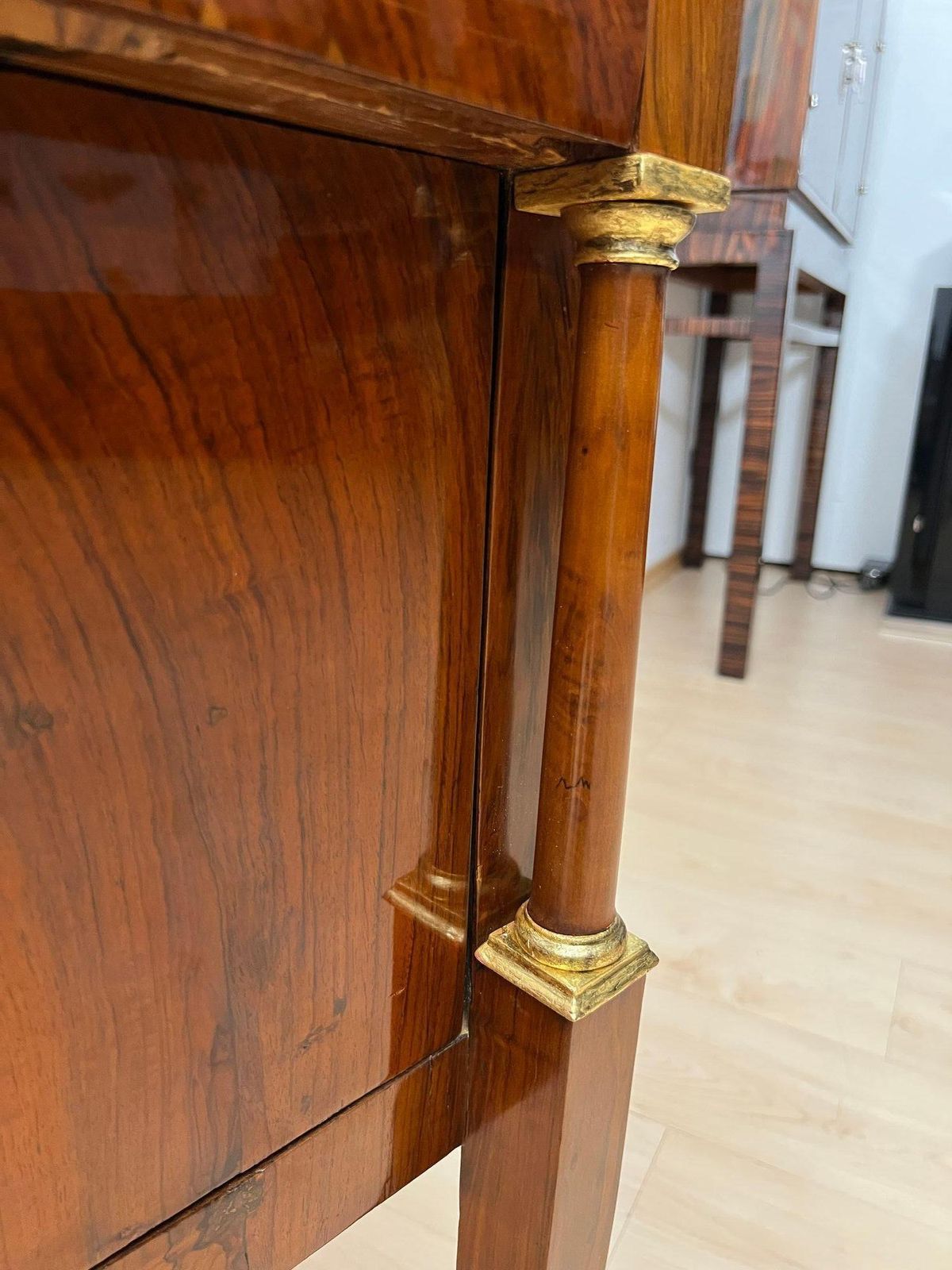 photo vintage Empire Nightstands, Walnut, Full Columns, Gold Leaf, Brass, Italy, Circa 1810