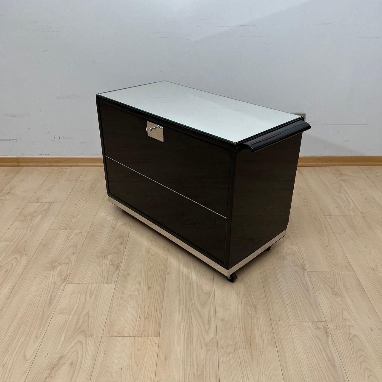 Art Deco Bar Cart, Black Lacquer, Mahogany, Mirrors, Chrome, France Circa 1930 photo for sale