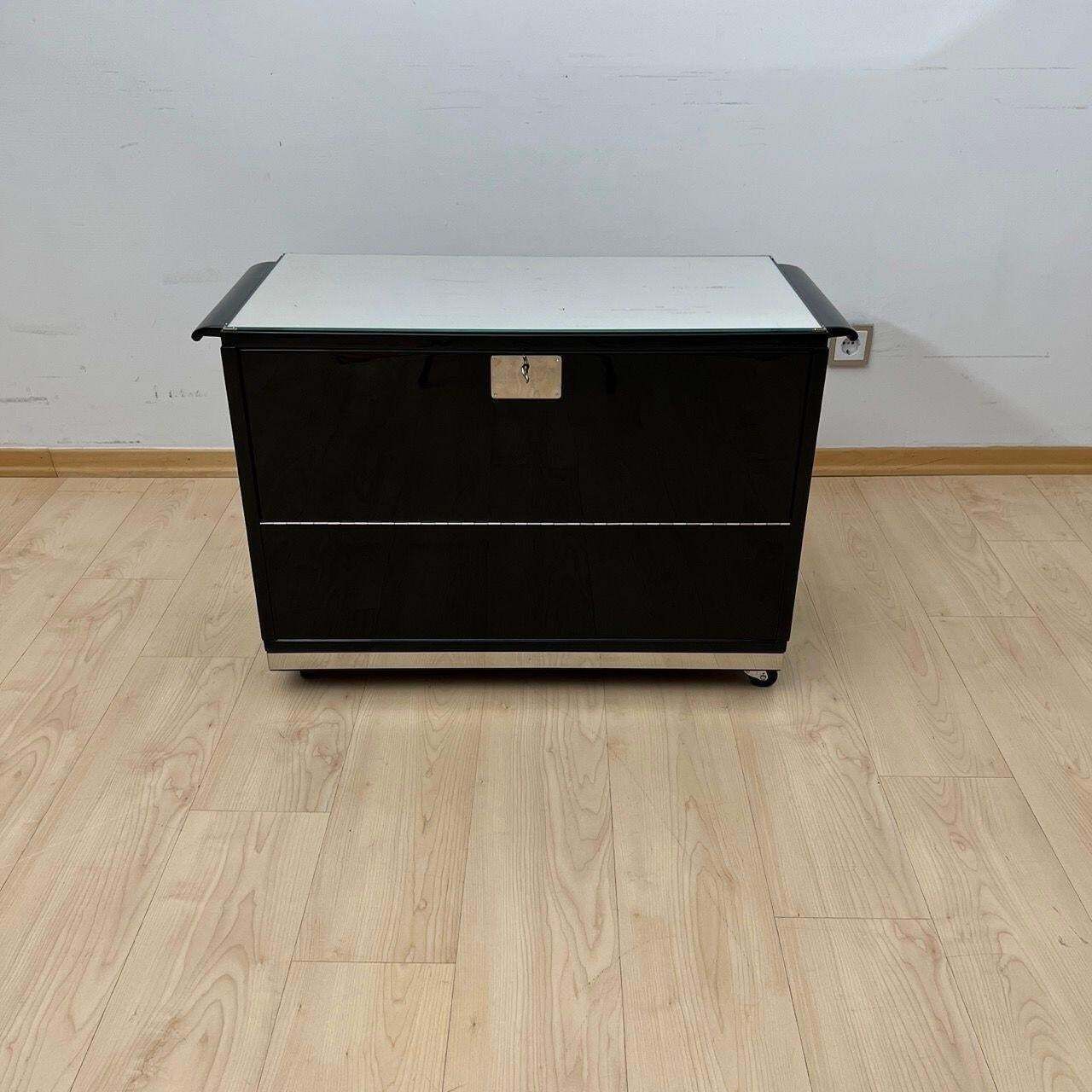 Art Deco Bar Cart, Black Lacquer, Mahogany, Mirrors, Chrome, France Circa 1930 photo 5290.0