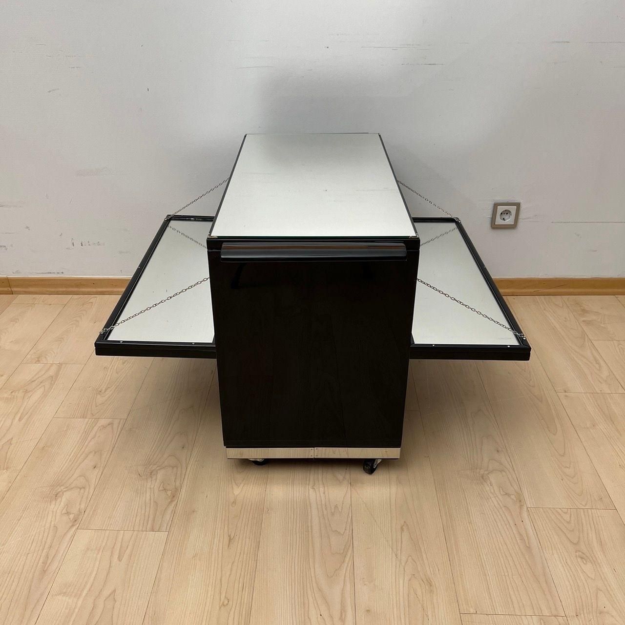 Art Deco Bar Cart, Black Lacquer, Mahogany, Mirrors, Chrome, France Circa 1930 photo buy