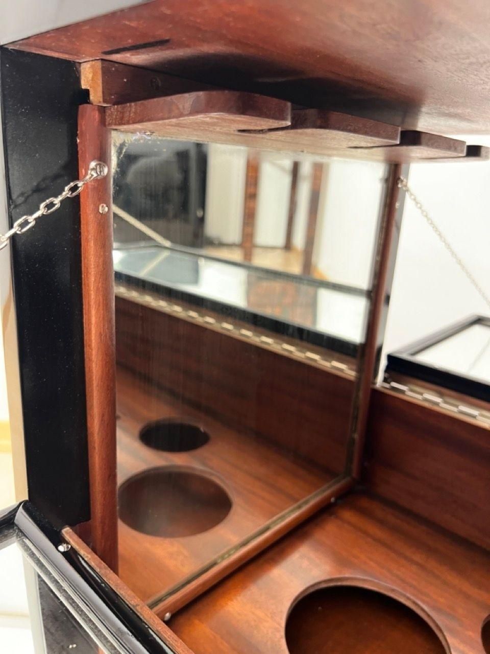 photo buy Art Deco Bar Cart, Black Lacquer, Mahogany, Mirrors, Chrome, France Circa 1930
