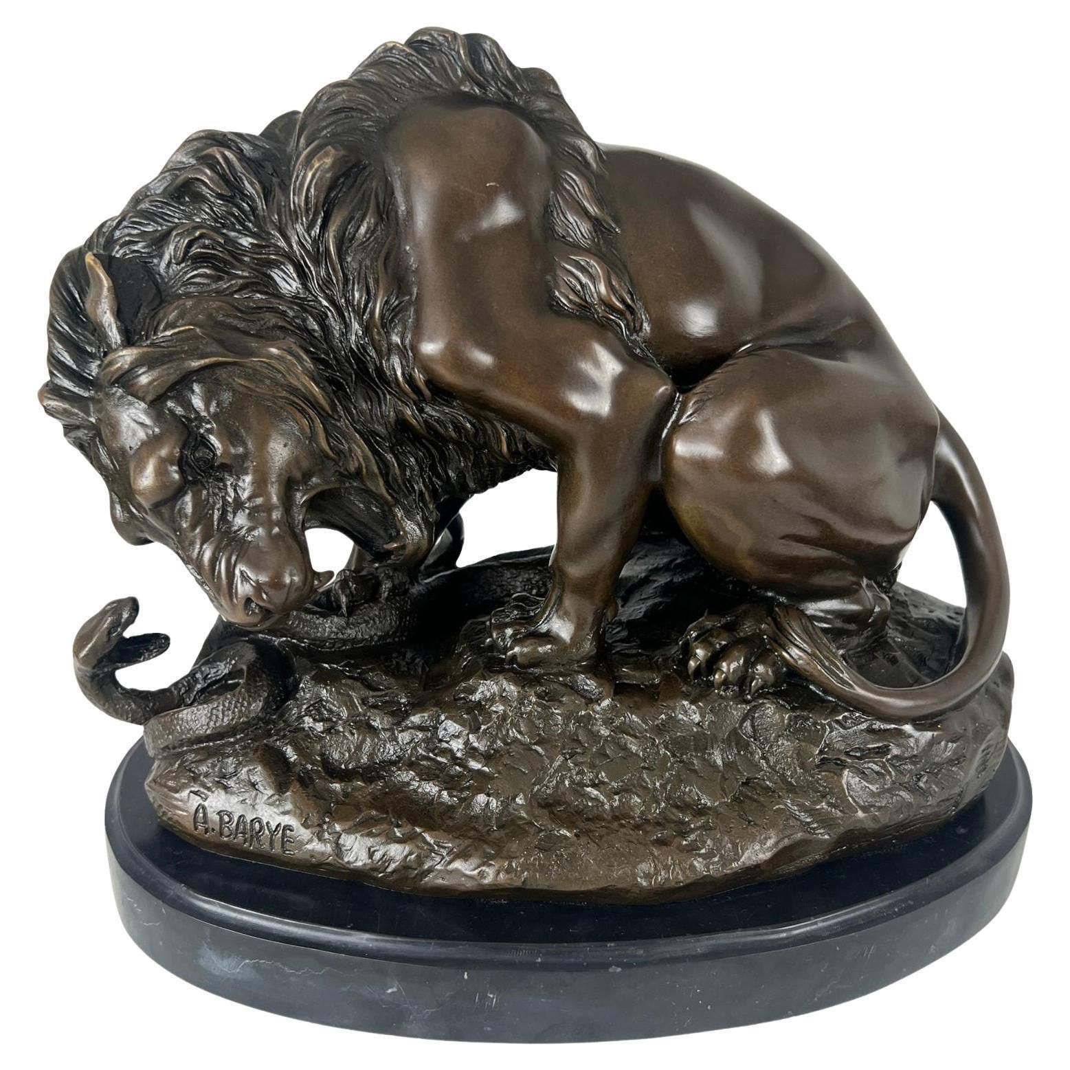Bronze Sculpture, Lion With Snake, After A. Barye, France, 20th Century.