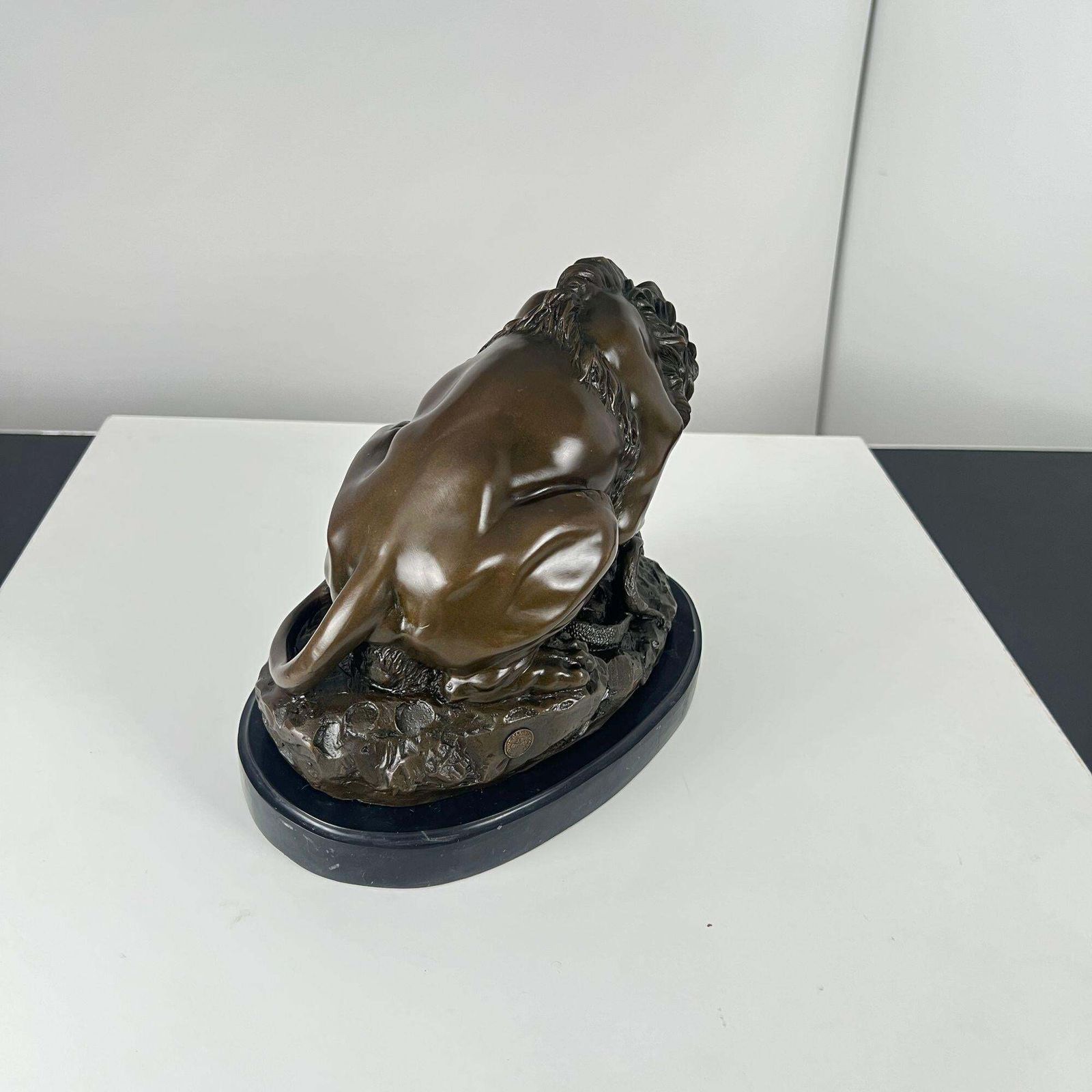 Art Bronze Sculpture, Lion With Snake, After A. Barye, France, 20th Century. photo