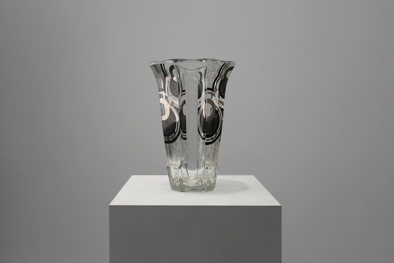 Art Deco Glass Vase With Black Graphic Decoration, France, 1940s photo vinterior