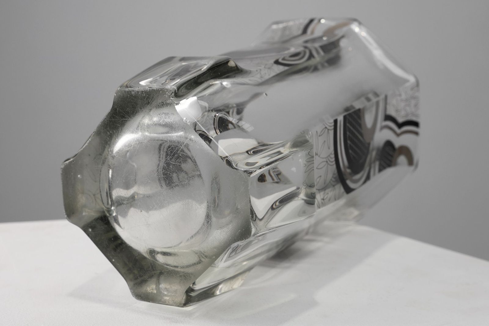 photo for sale Art Deco Glass Vase With Black Graphic Decoration, France, 1940s