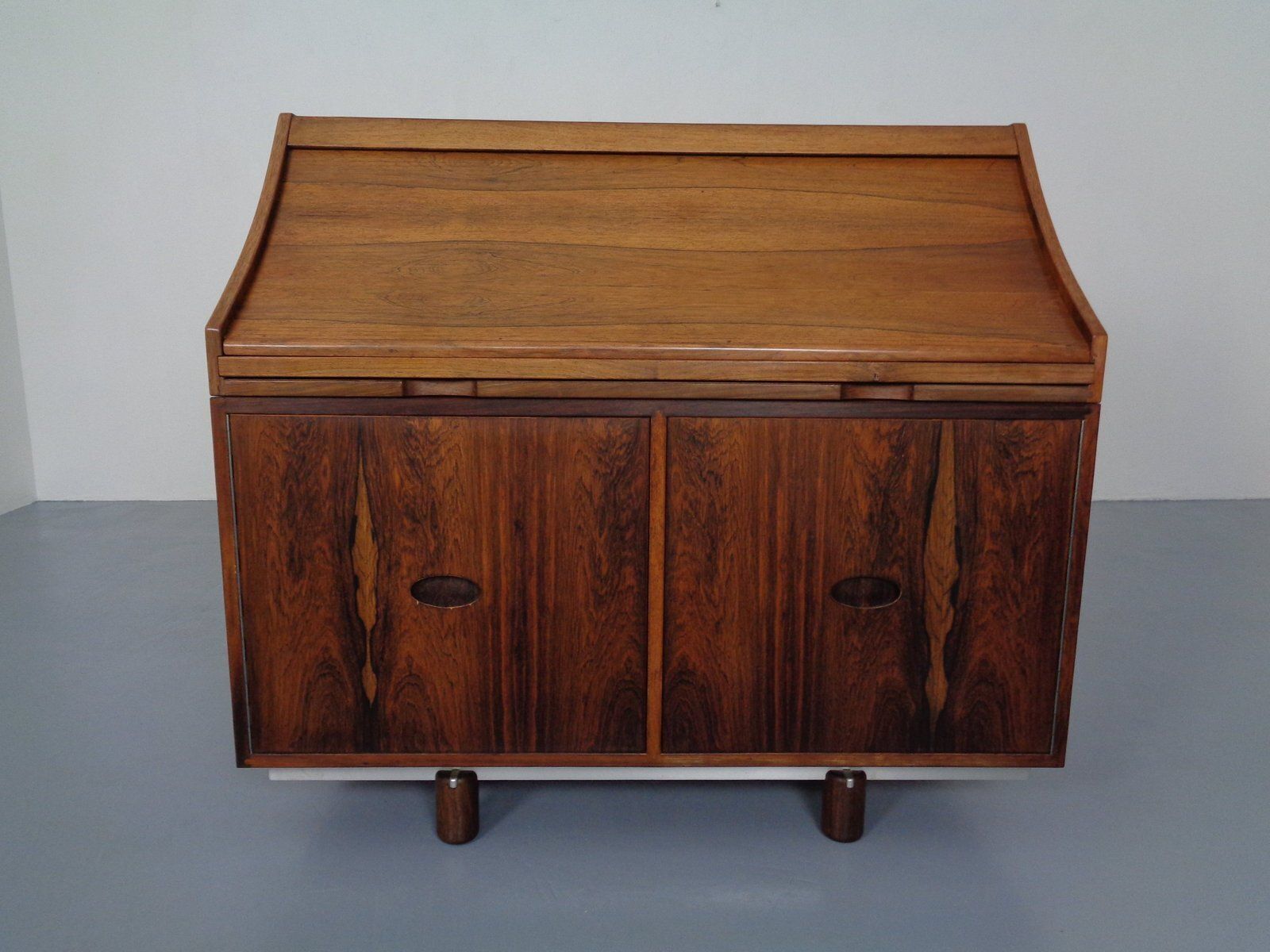 Rosewood And Leather Tambour Writing Desk By Gianfranco Frattini For Bernini, Italy, 1964