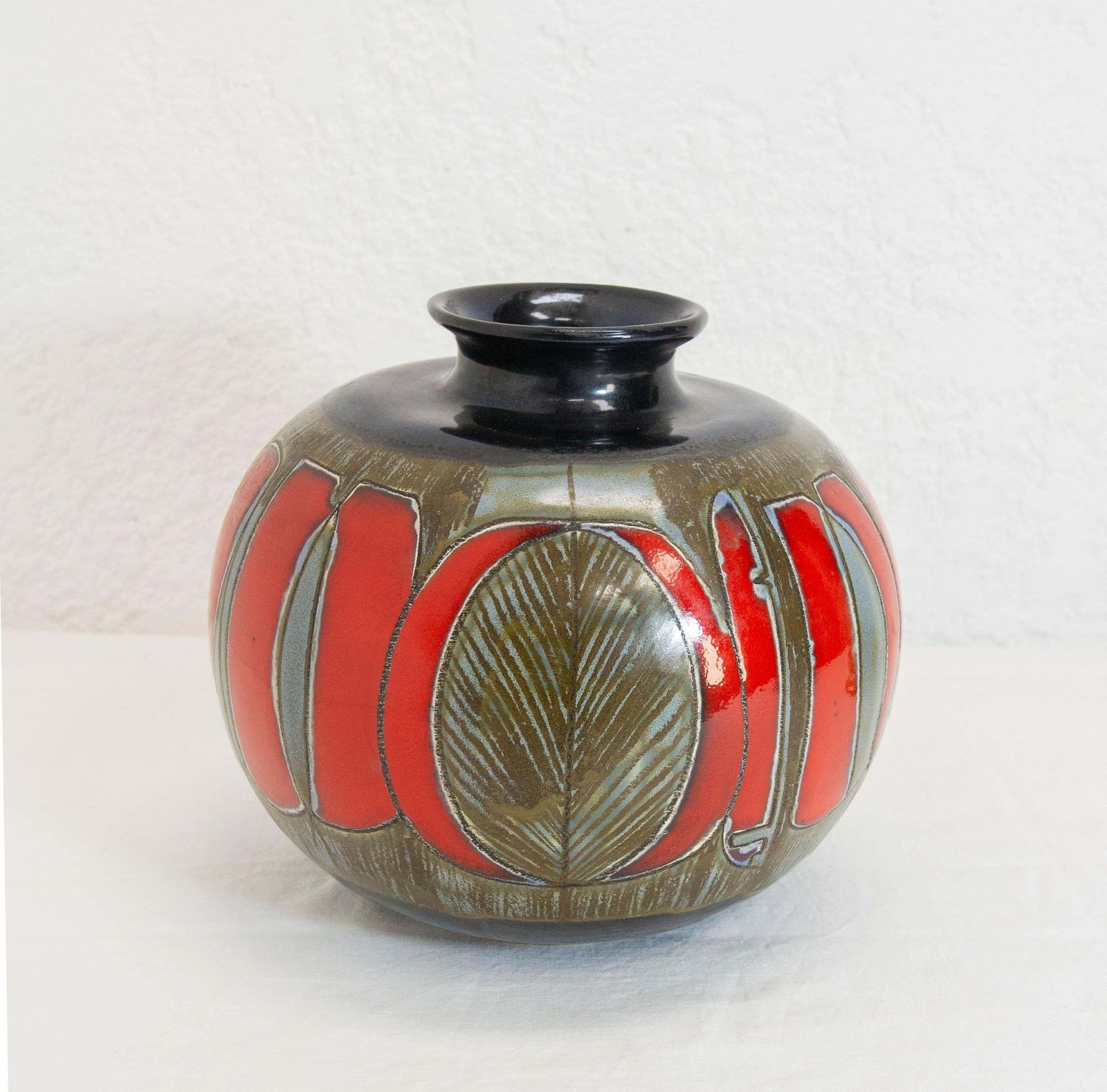 German Grey Red & Dark Blue Ceramic Vase Leaves Motifs Midcentury photo furniture