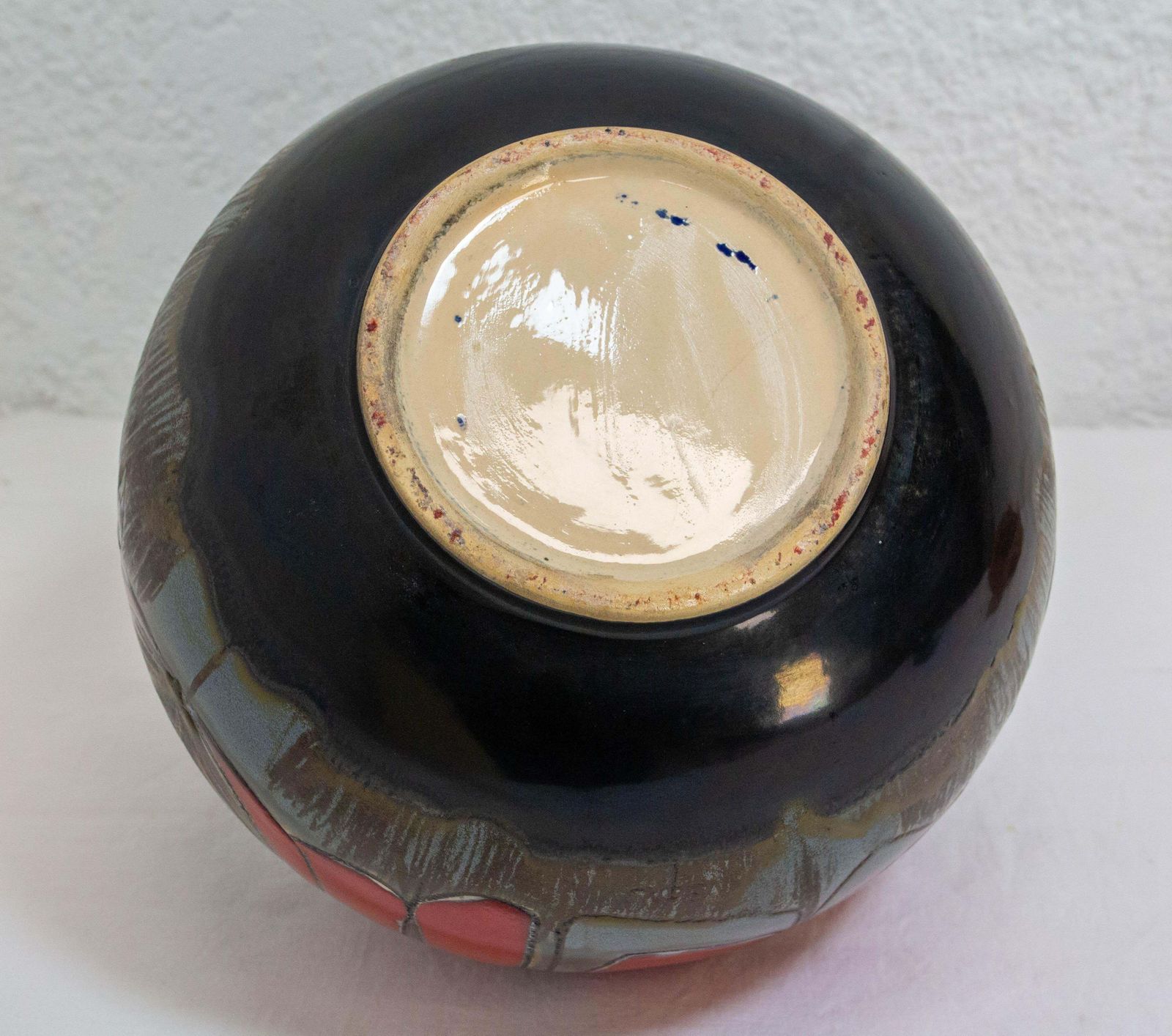 Home Decor German Grey Red & Dark Blue Ceramic Vase Leaves Motifs Midcentury photo
