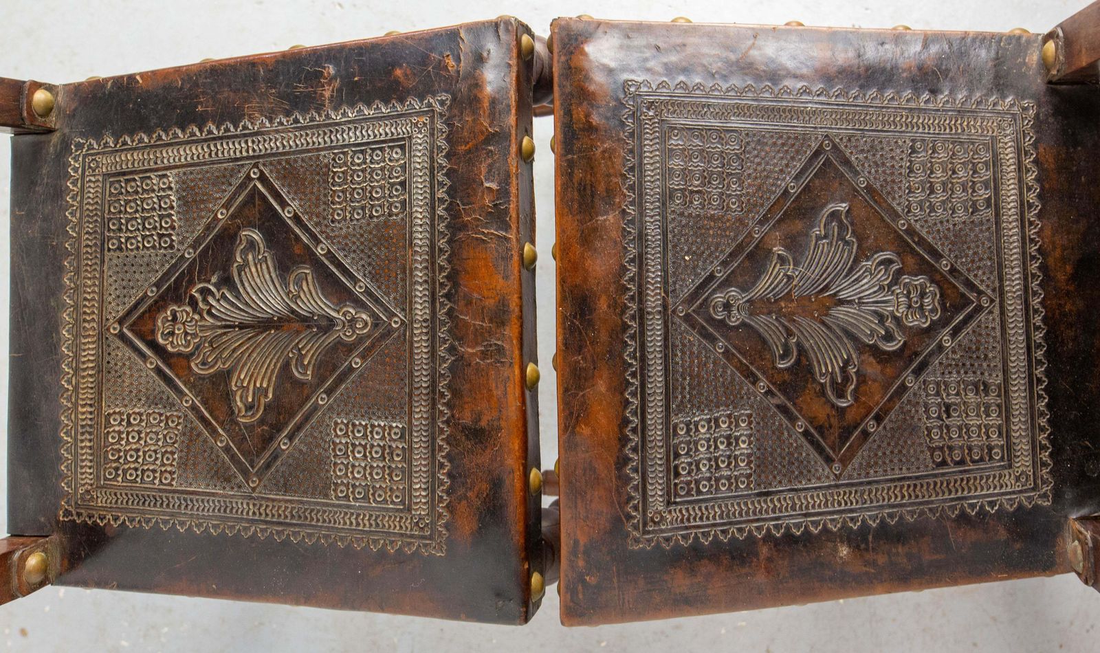 Pair Of Middle East Chairs Oak & Leather With Studs 1920 photo vintage