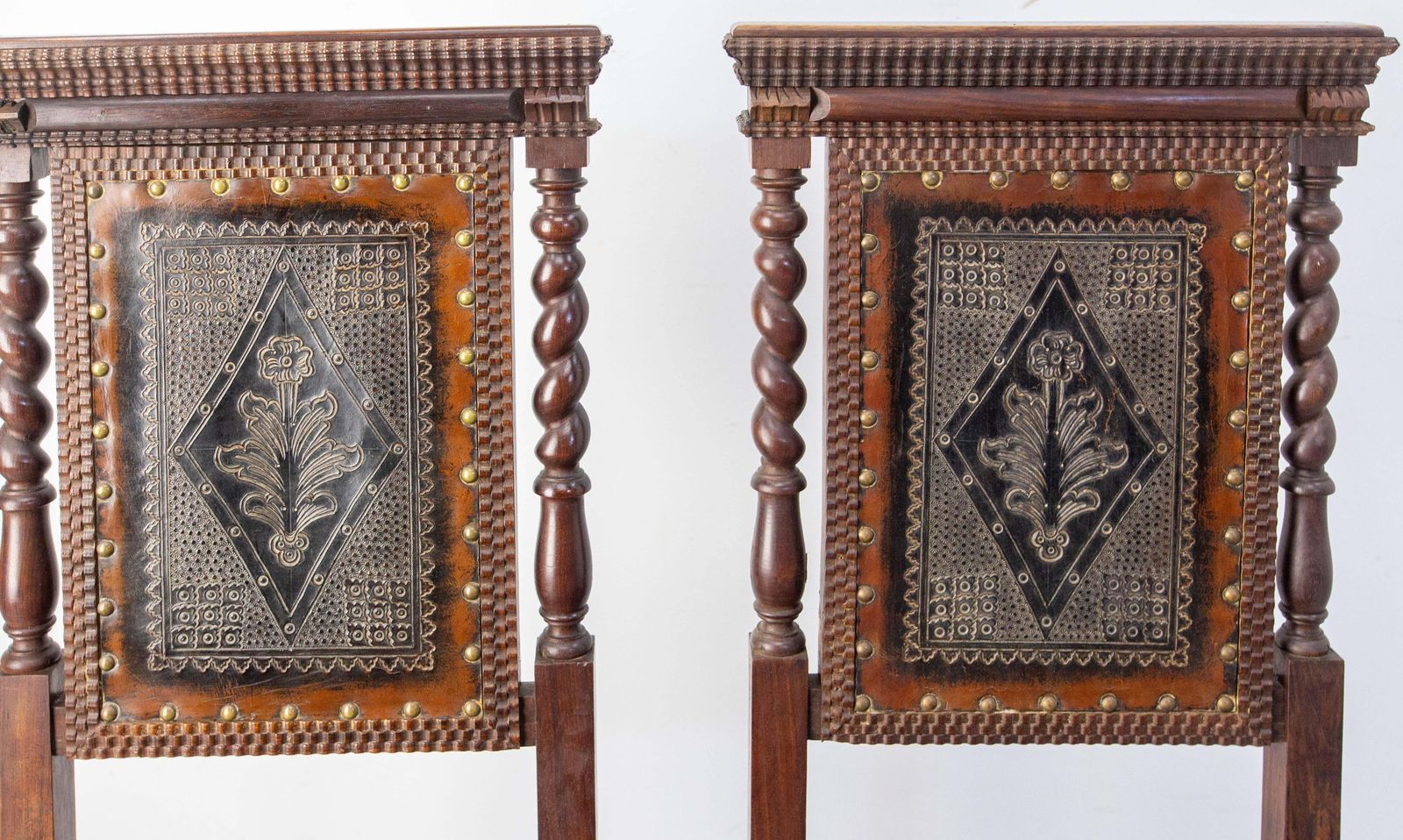 photo furniture Pair Of Middle East Chairs Oak & Leather With Studs 1920