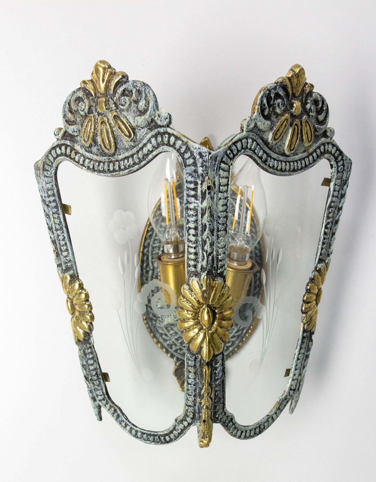Pair Double Sconces Brass, Bronze Patina Hand Engraved Glass Louis XV St C 1960 photo 668.0