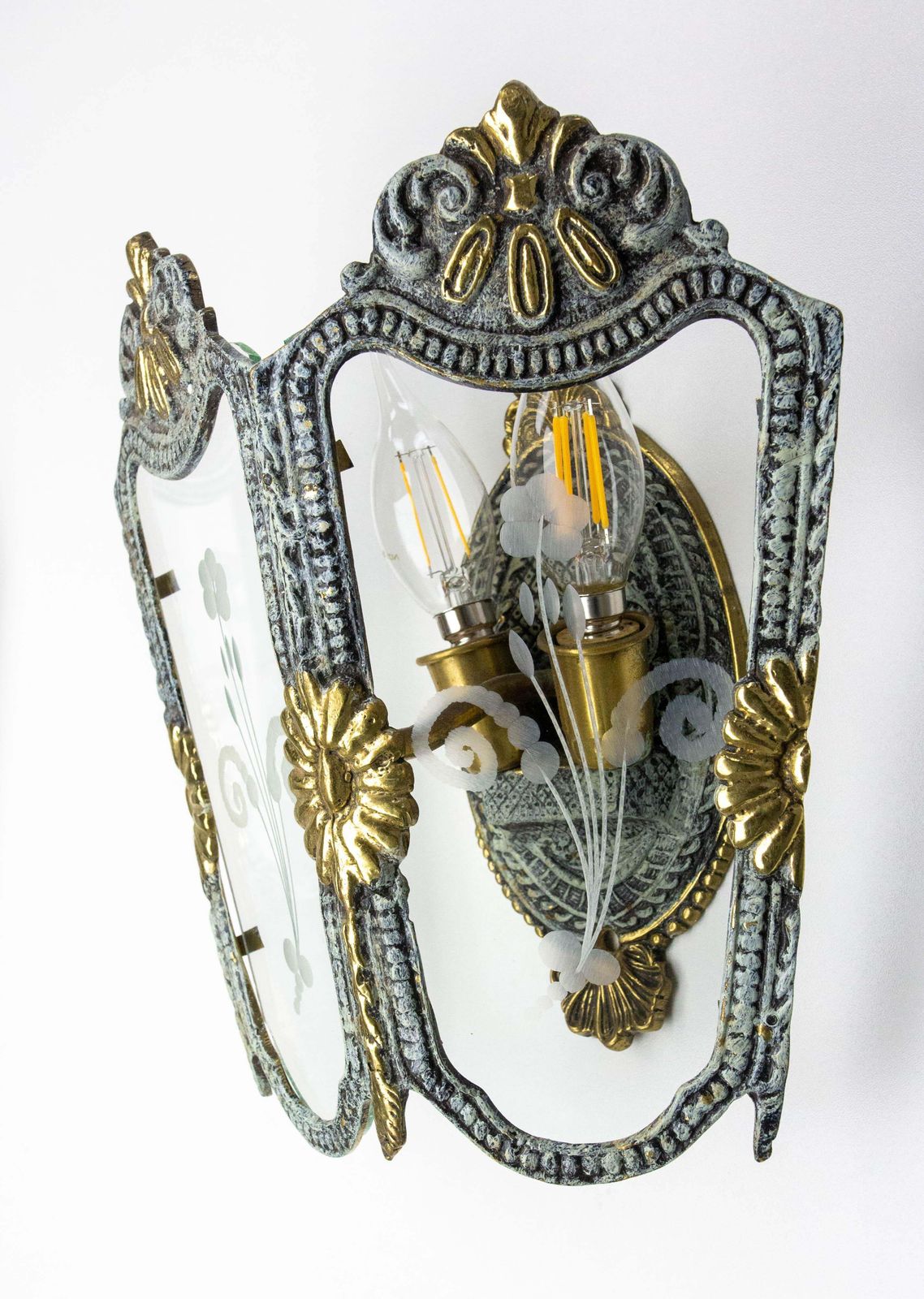Pair Double Sconces Brass, Bronze Patina Hand Engraved Glass Louis XV St C 1960 photo vintage