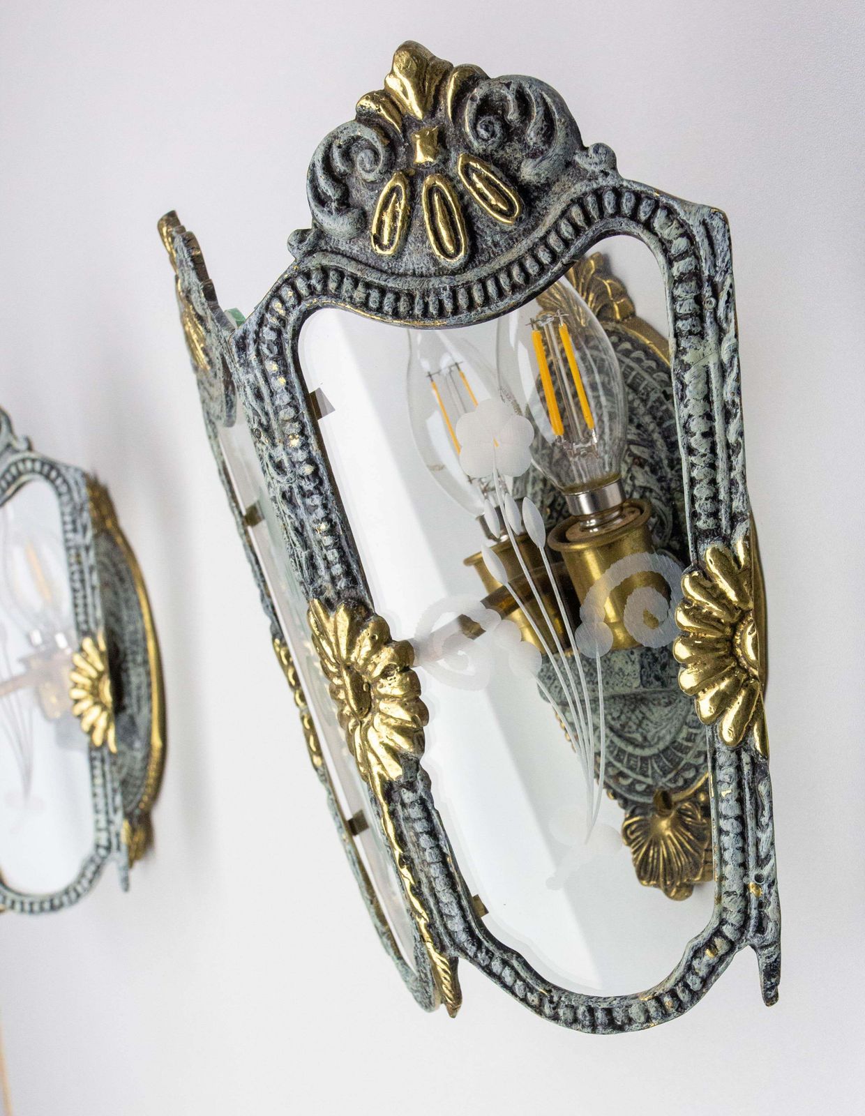 photo furniture Pair Double Sconces Brass, Bronze Patina Hand Engraved Glass Louis XV St C 1960