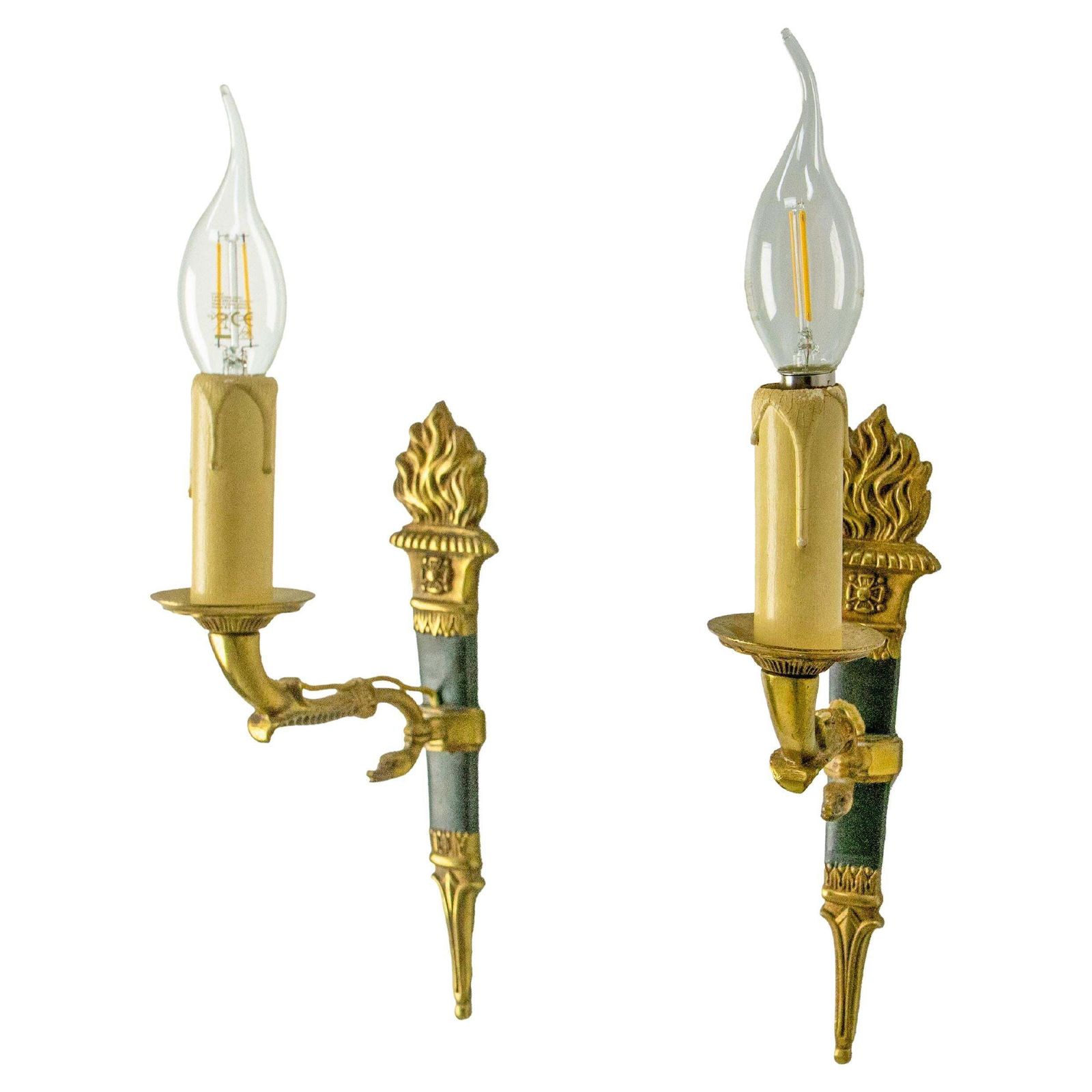 Pair Of Sconces Empire Style Deep Green With Torch And Swan Circa 1960 France