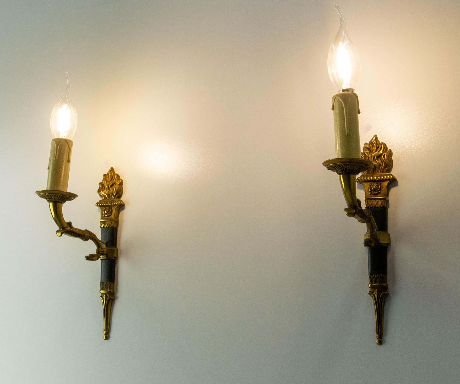 photo for sale Pair Of Sconces Empire Style Deep Green With Torch And Swan Circa 1960 France