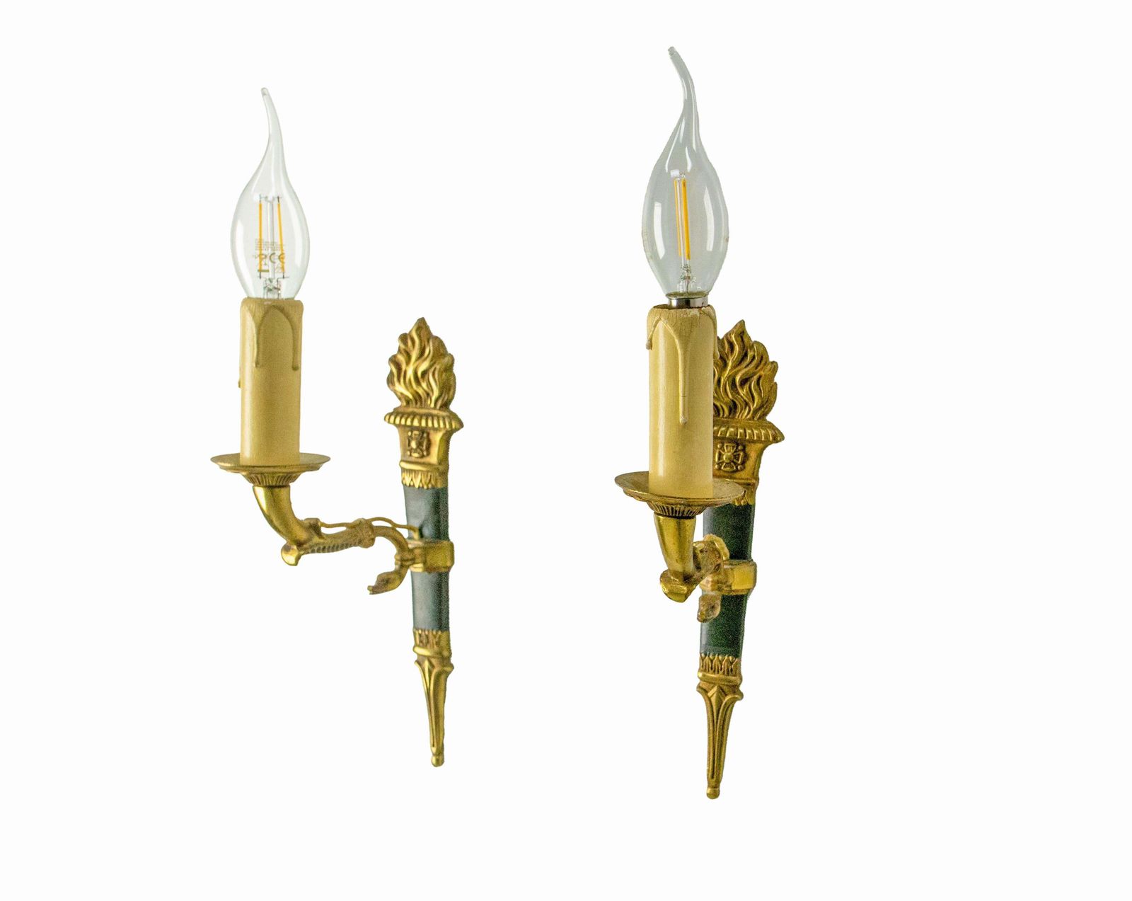 photo vinterior Pair Of Sconces Empire Style Deep Green With Torch And Swan Circa 1960 France