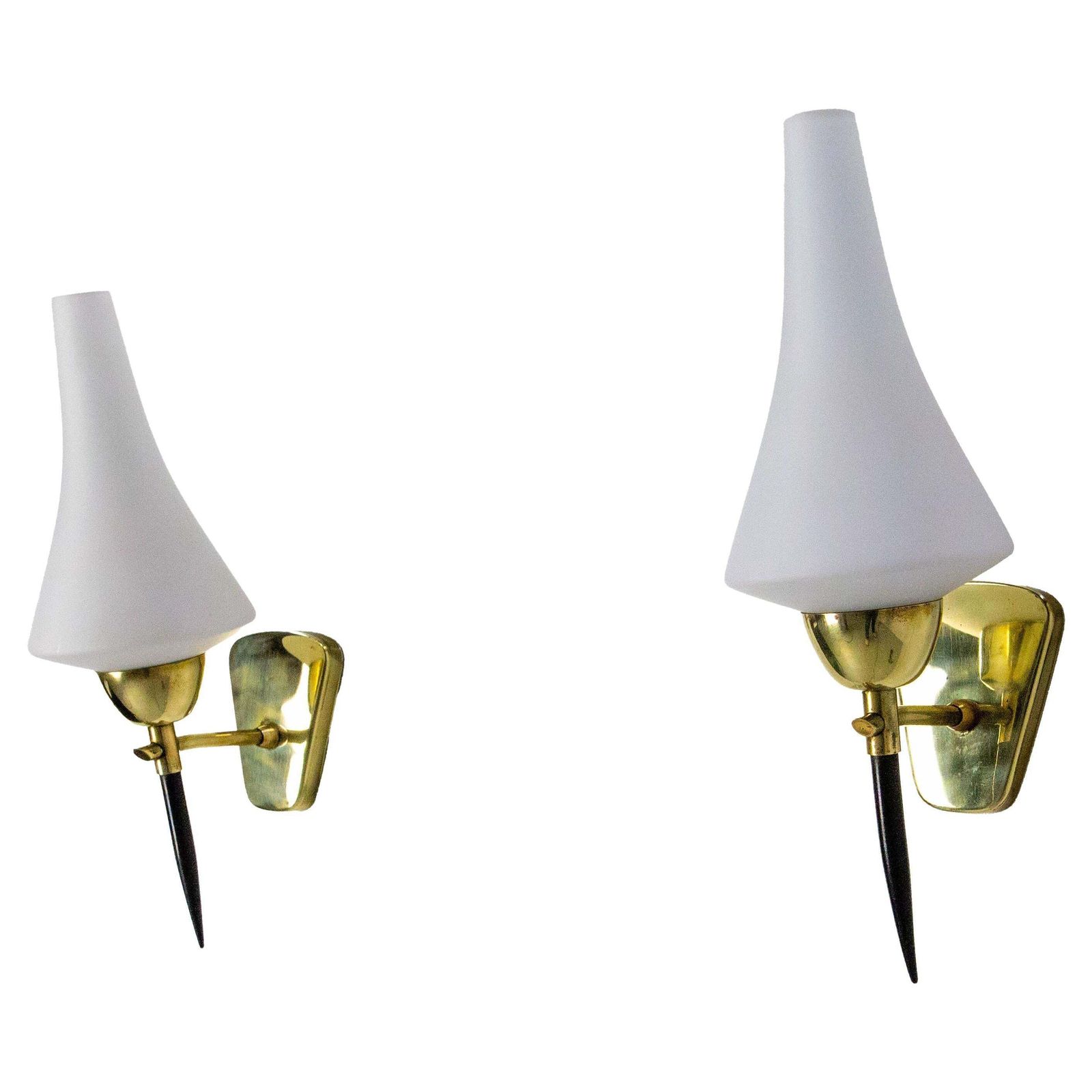 Pair Of Sconces White Glass Black & Golden Chrome, Circa 1950, Arlus France