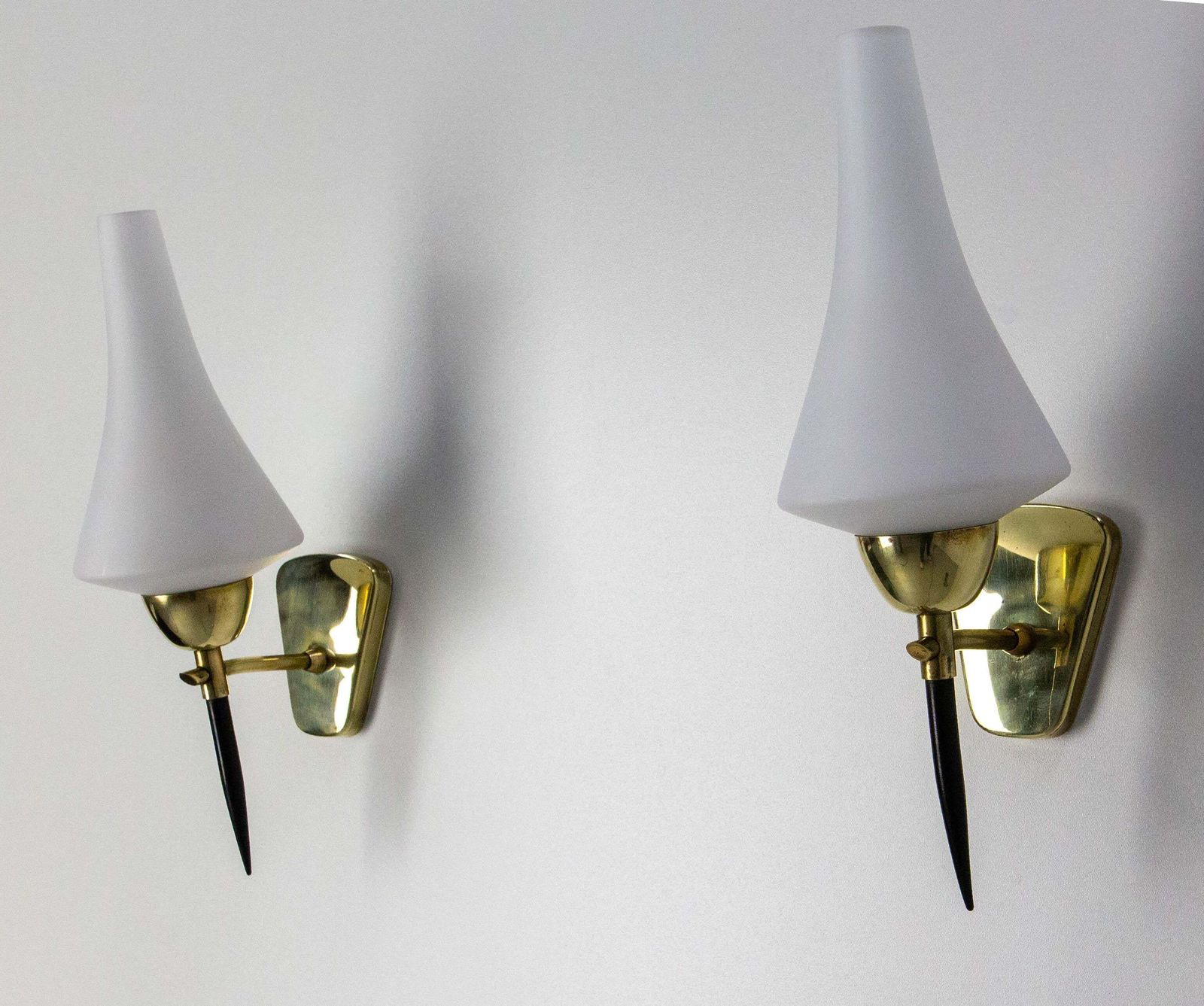Pair Of Sconces White Glass Black & Golden Chrome, Circa 1950, Arlus France photo for sale