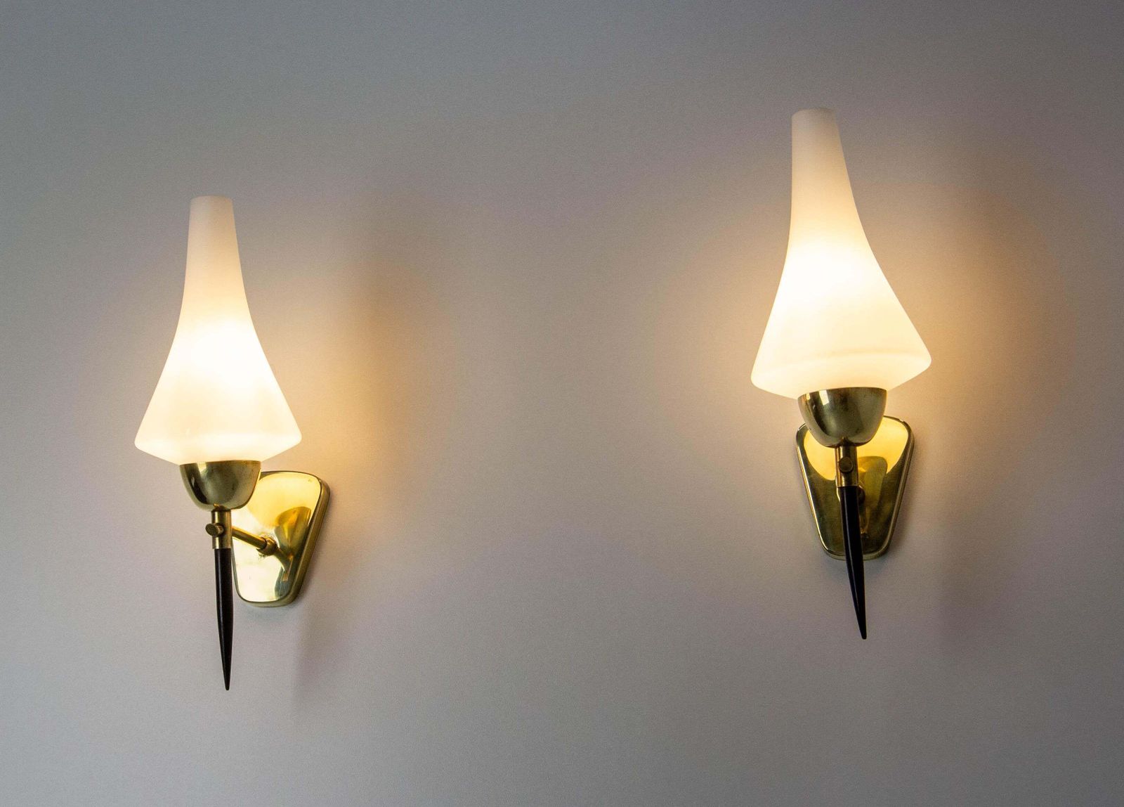Pair Of Sconces White Glass Black & Golden Chrome, Circa 1950, Arlus France photo Lighting