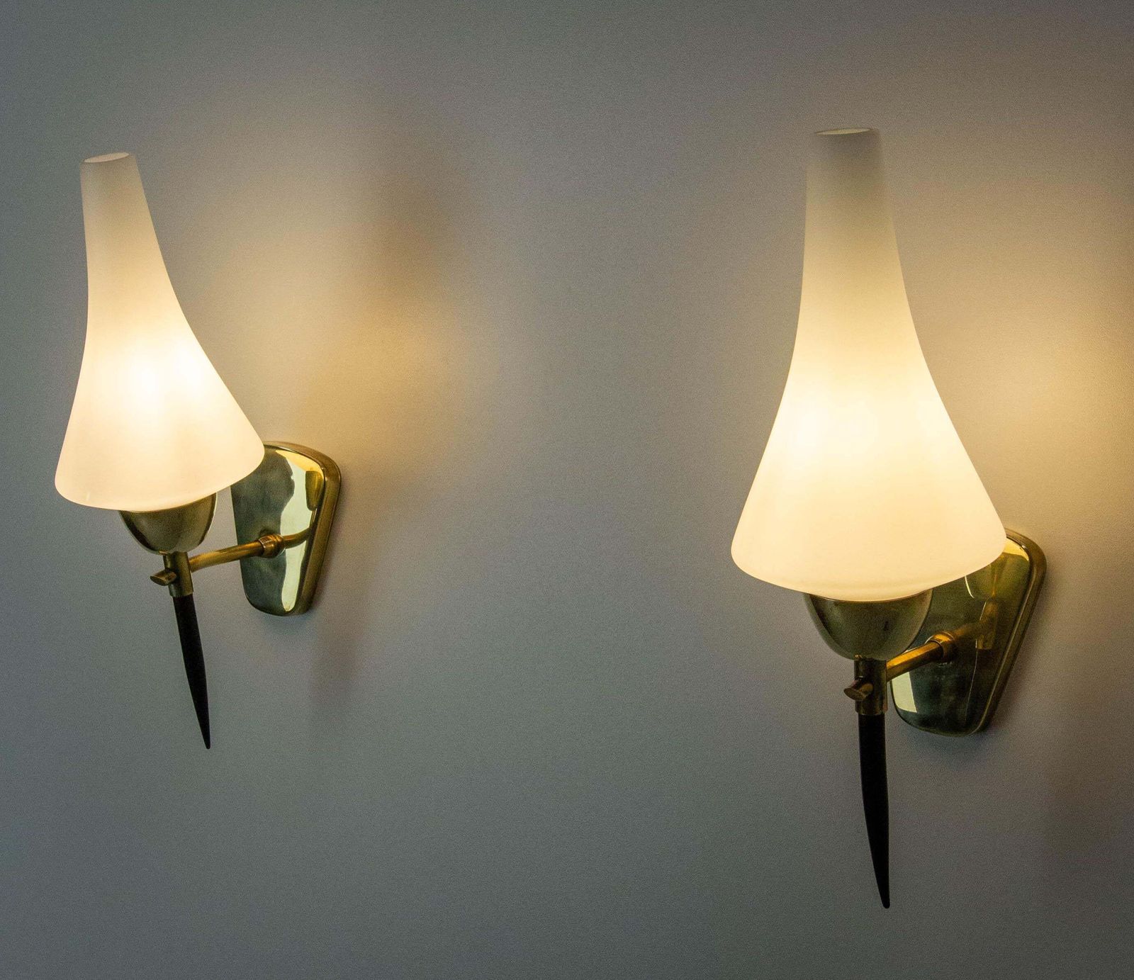 Pair Of Sconces White Glass Black & Golden Chrome, Circa 1950, Arlus France photo vinterior