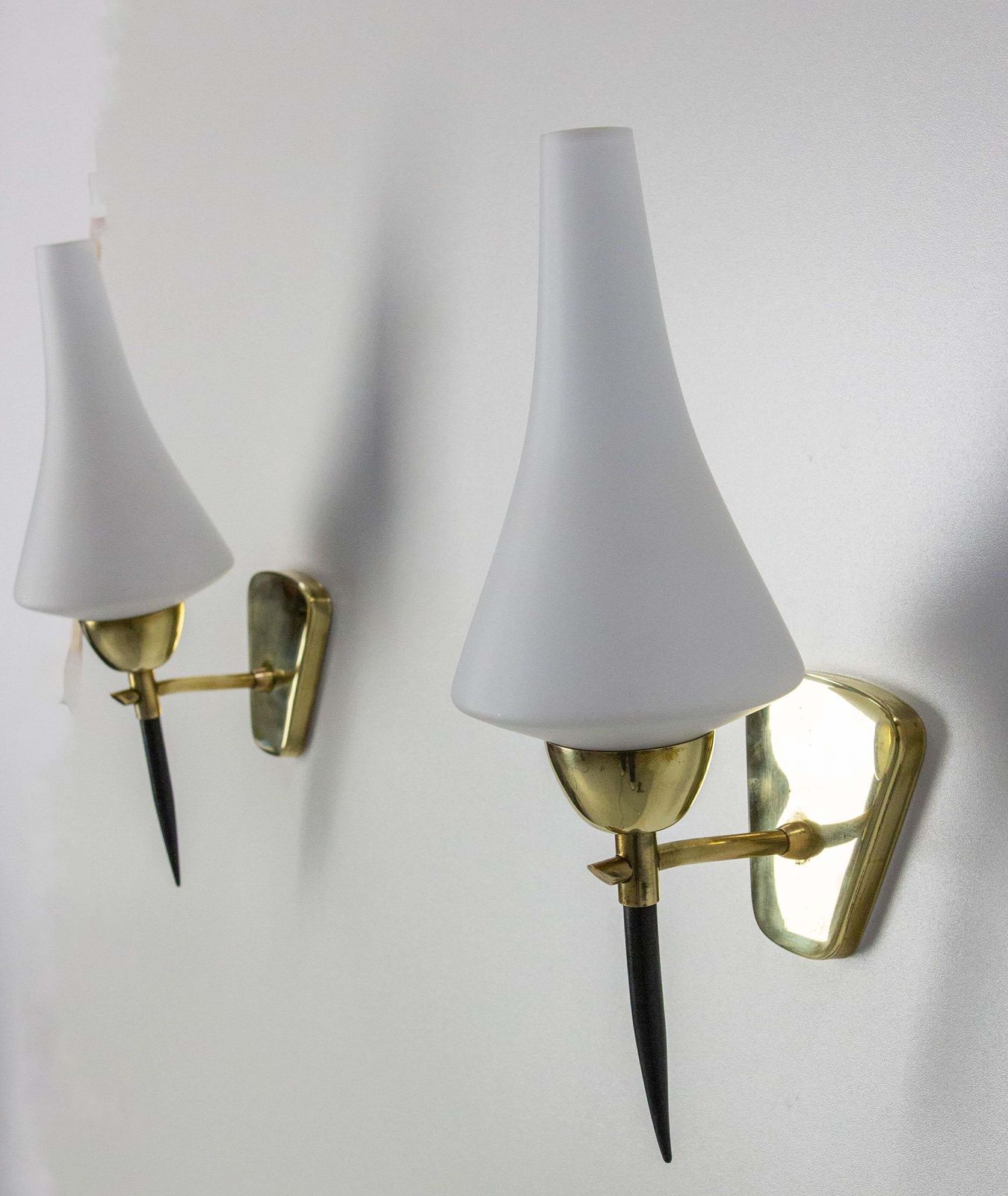 Pair Of Sconces White Glass Black & Golden Chrome, Circa 1950, Arlus France photo buy