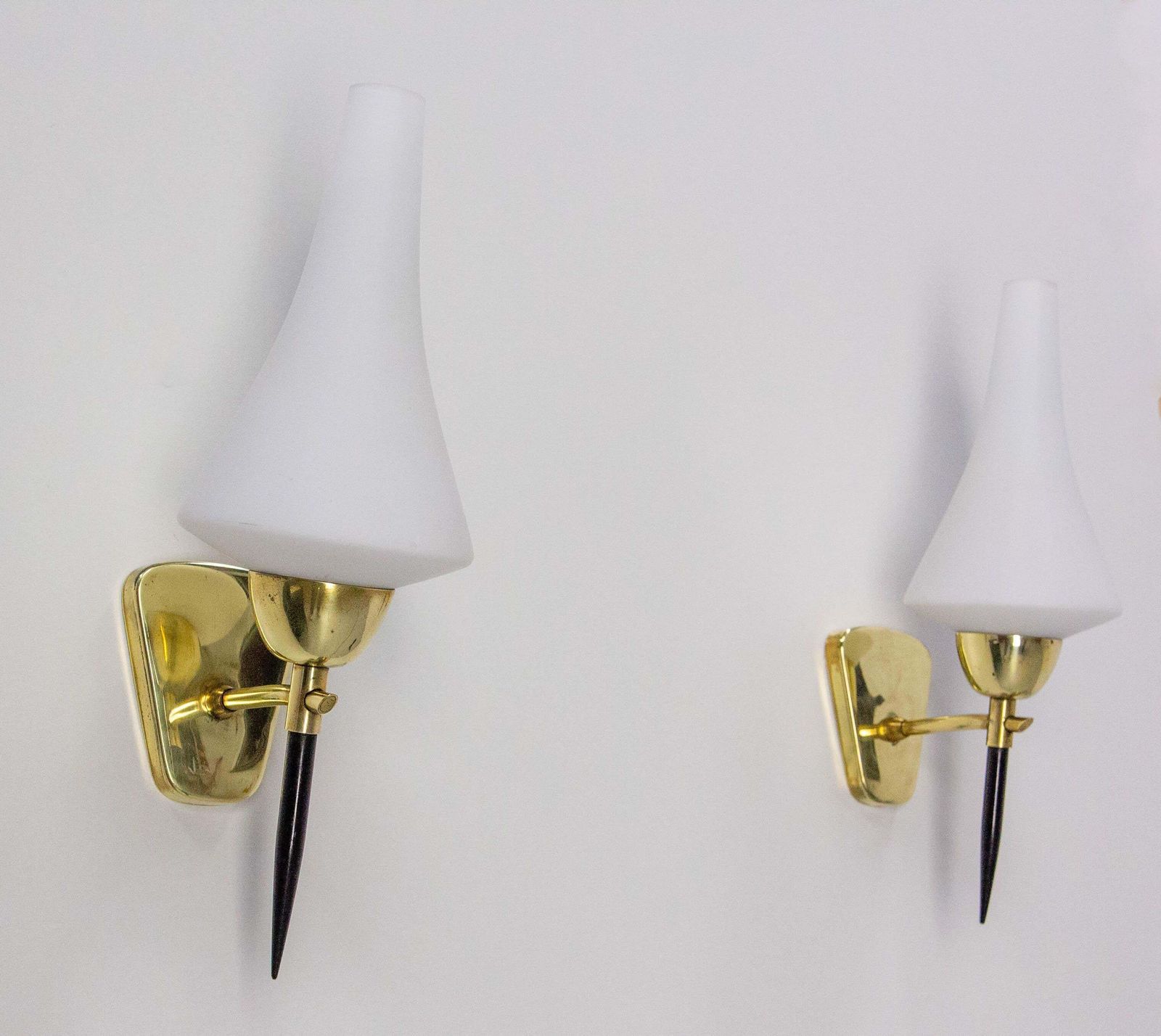 photo furniture Pair Of Sconces White Glass Black & Golden Chrome, Circa 1950, Arlus France