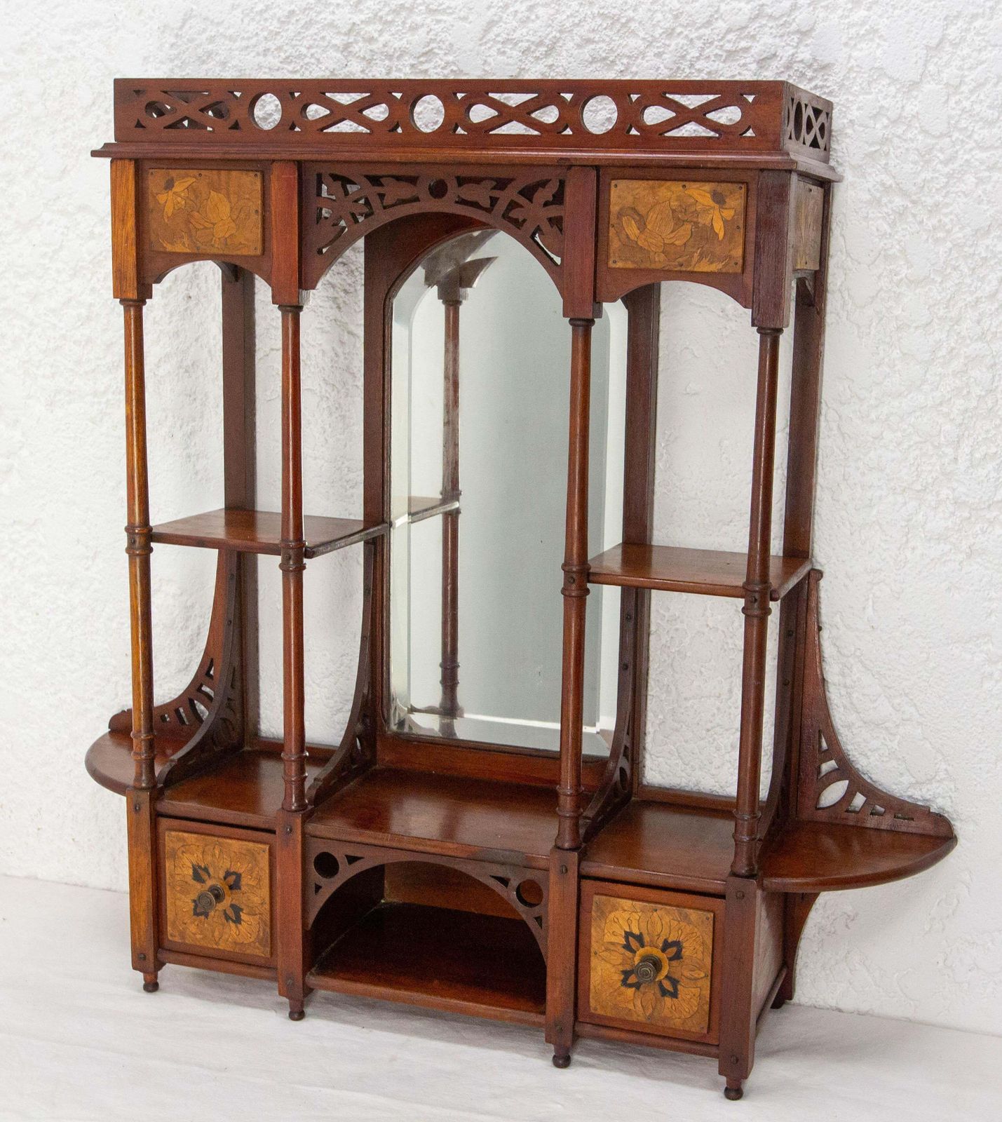 Wall Iroko Wood Shelves Beveled Mirror & Marquetry Art Nouveau Late 19th Century photo furniture