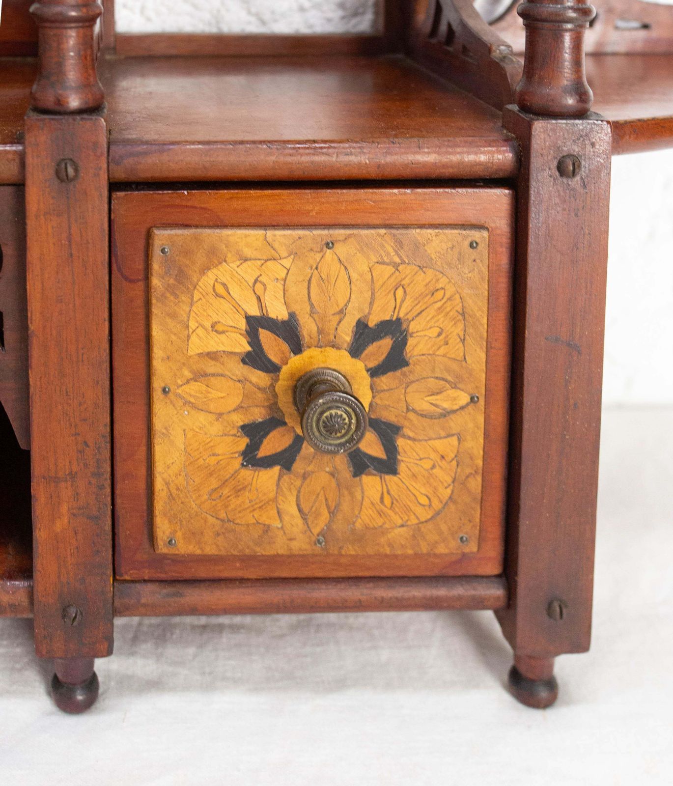 photo furniture Wall Iroko Wood Shelves Beveled Mirror & Marquetry Art Nouveau Late 19th Century