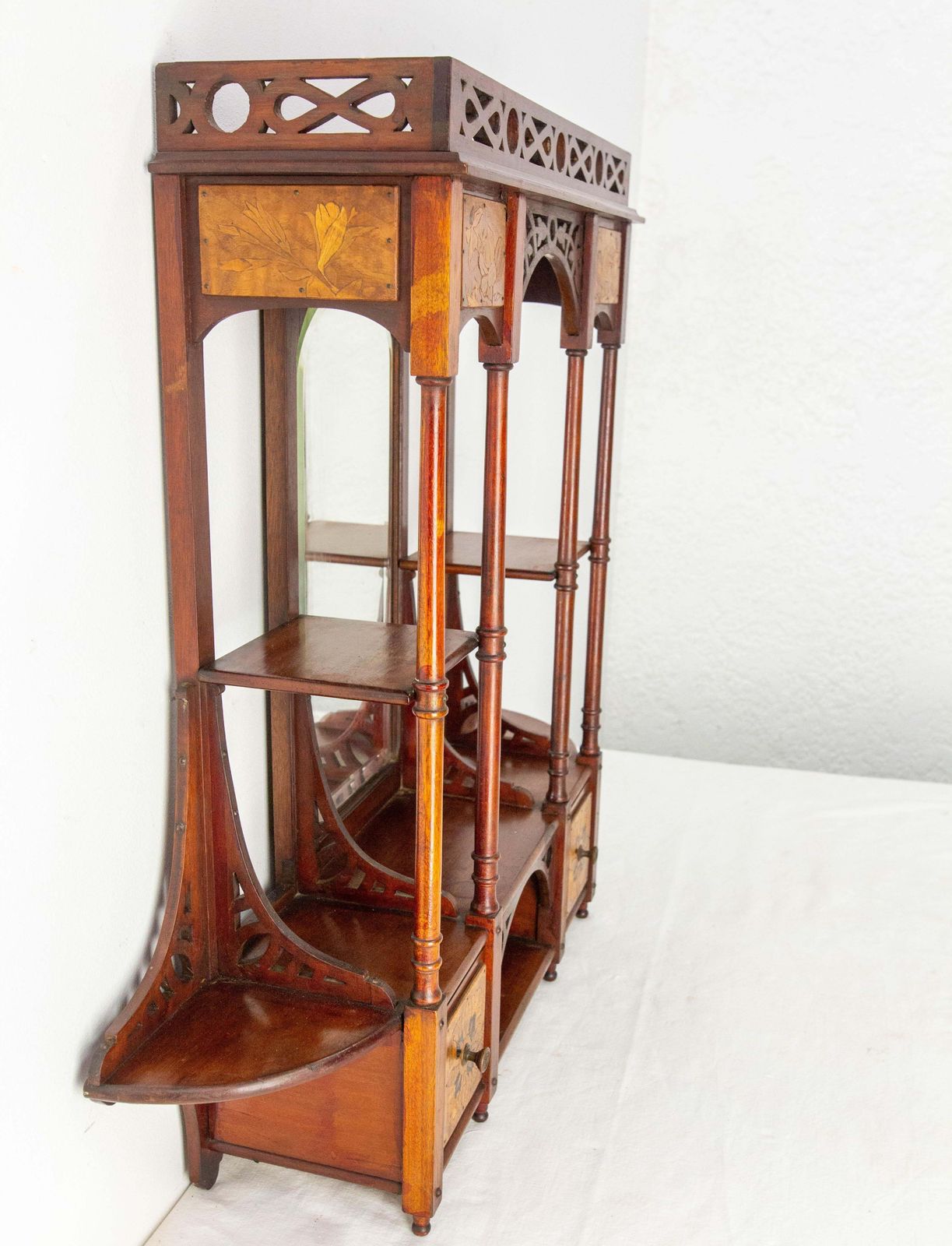 photo buy Wall Iroko Wood Shelves Beveled Mirror & Marquetry Art Nouveau Late 19th Century