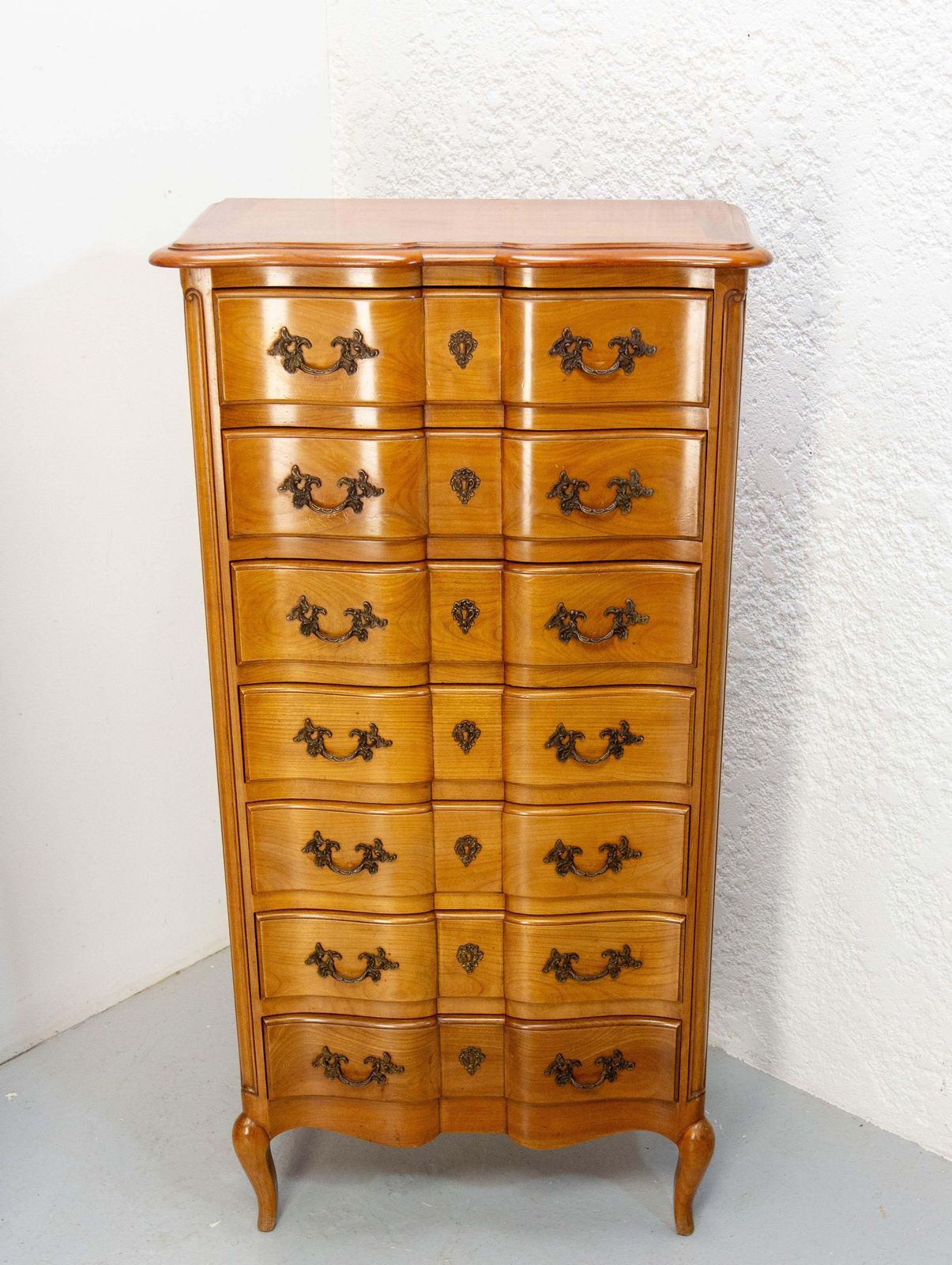 French Louis XV Style Cherry Wood Commode Semainier Chest Of Drawers C. 1980 photo for sale
