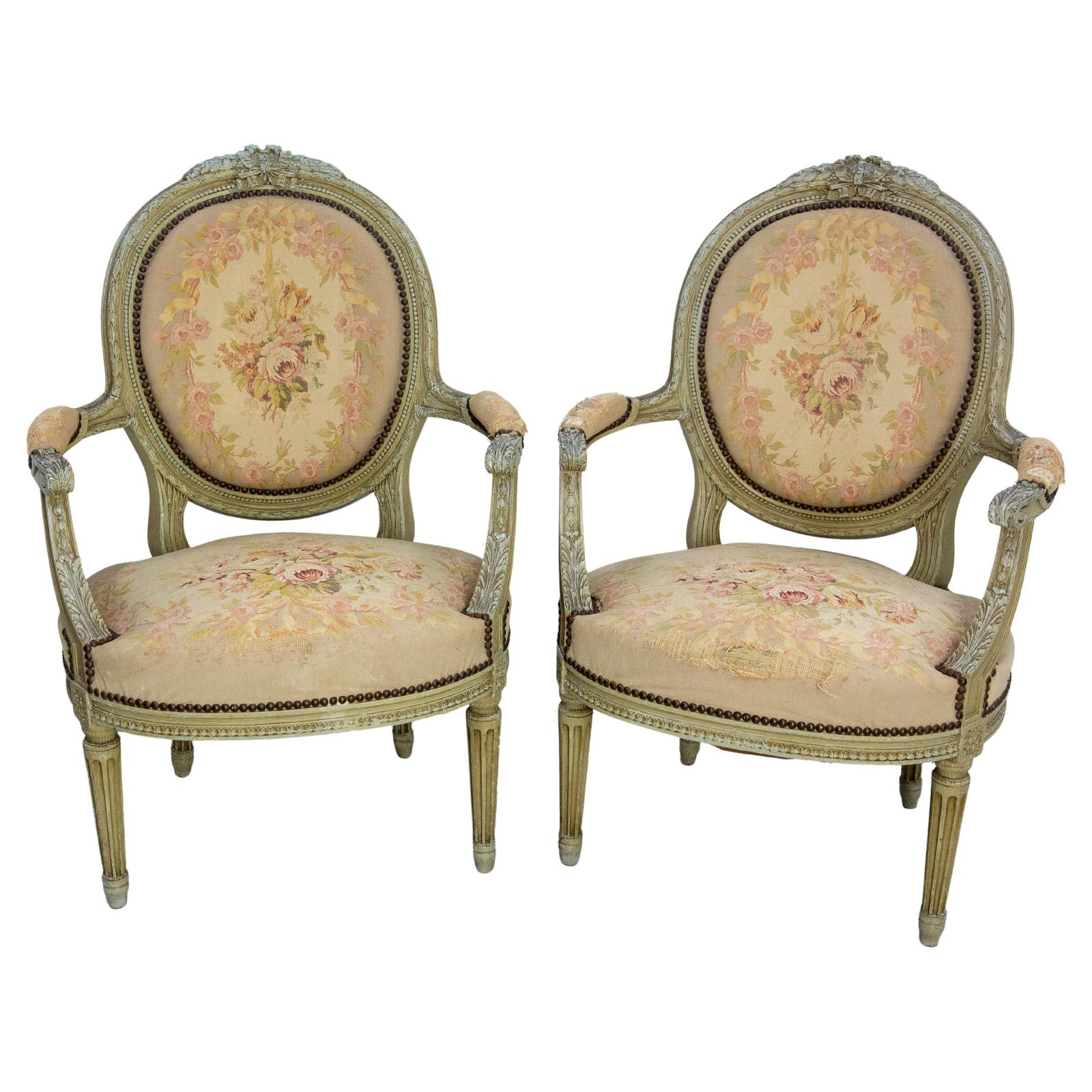 Pair Of French Patinated Open Armchairs Louis XVI Medallion Fauteuils Circa 1900