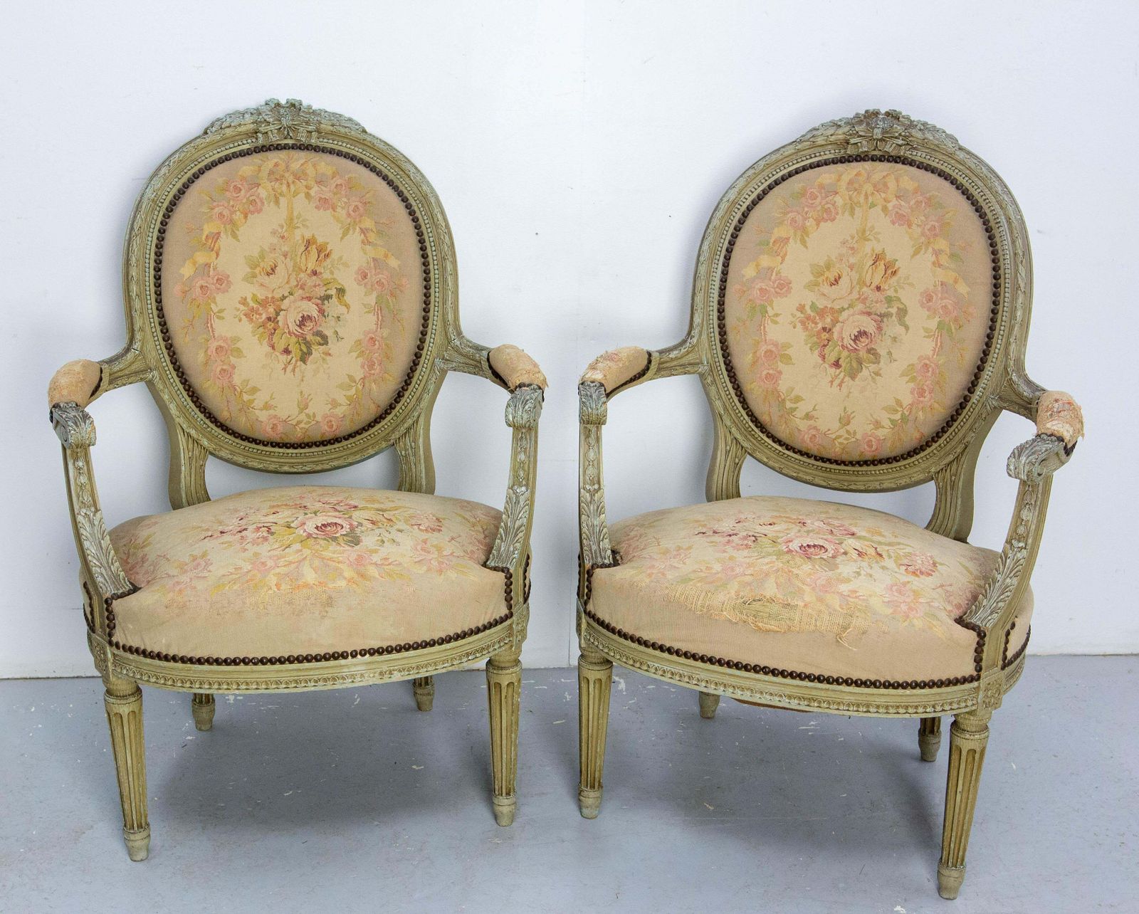 Pair Of French Patinated Open Armchairs Louis XVI Medallion Fauteuils Circa 1900 photo furniture