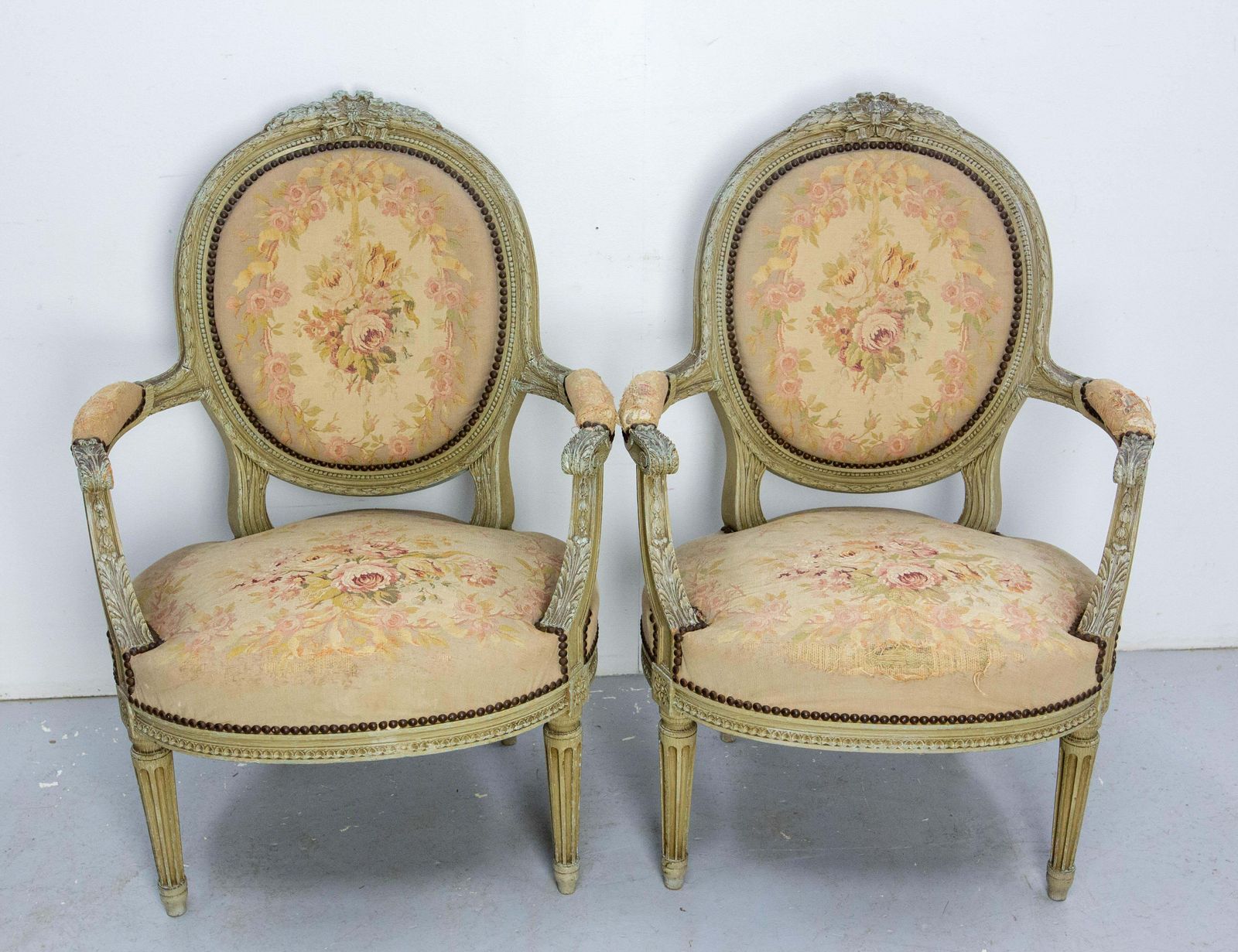 Pair Of French Patinated Open Armchairs Louis XVI Medallion Fauteuils Circa 1900 photo Furniture